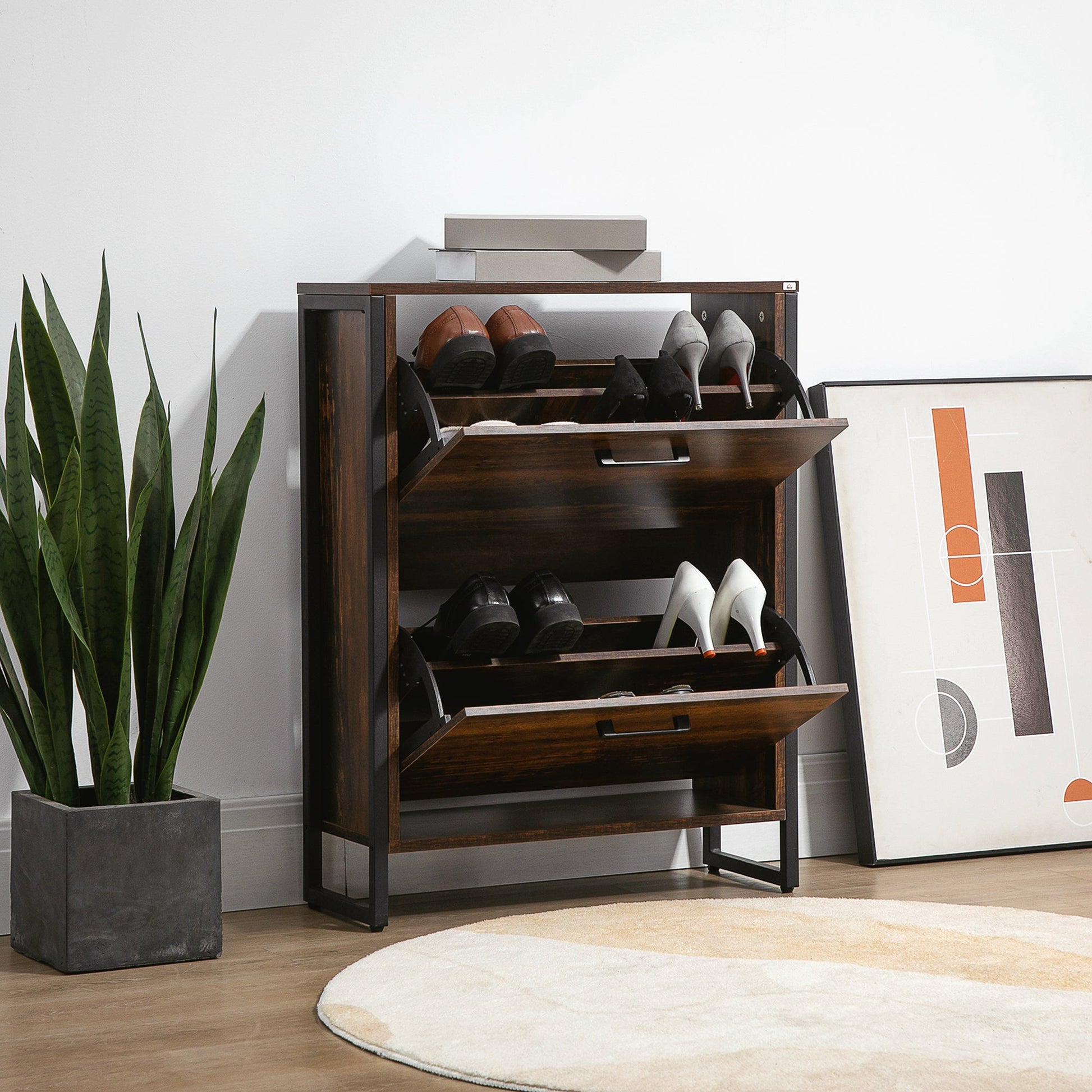 Rustic Brown Slim Shoe Cabinet with 2 Flip Doors, 2 Drawers, and Open Compartment Shoe Storage Cabinets & Racks   at Gallery Canada