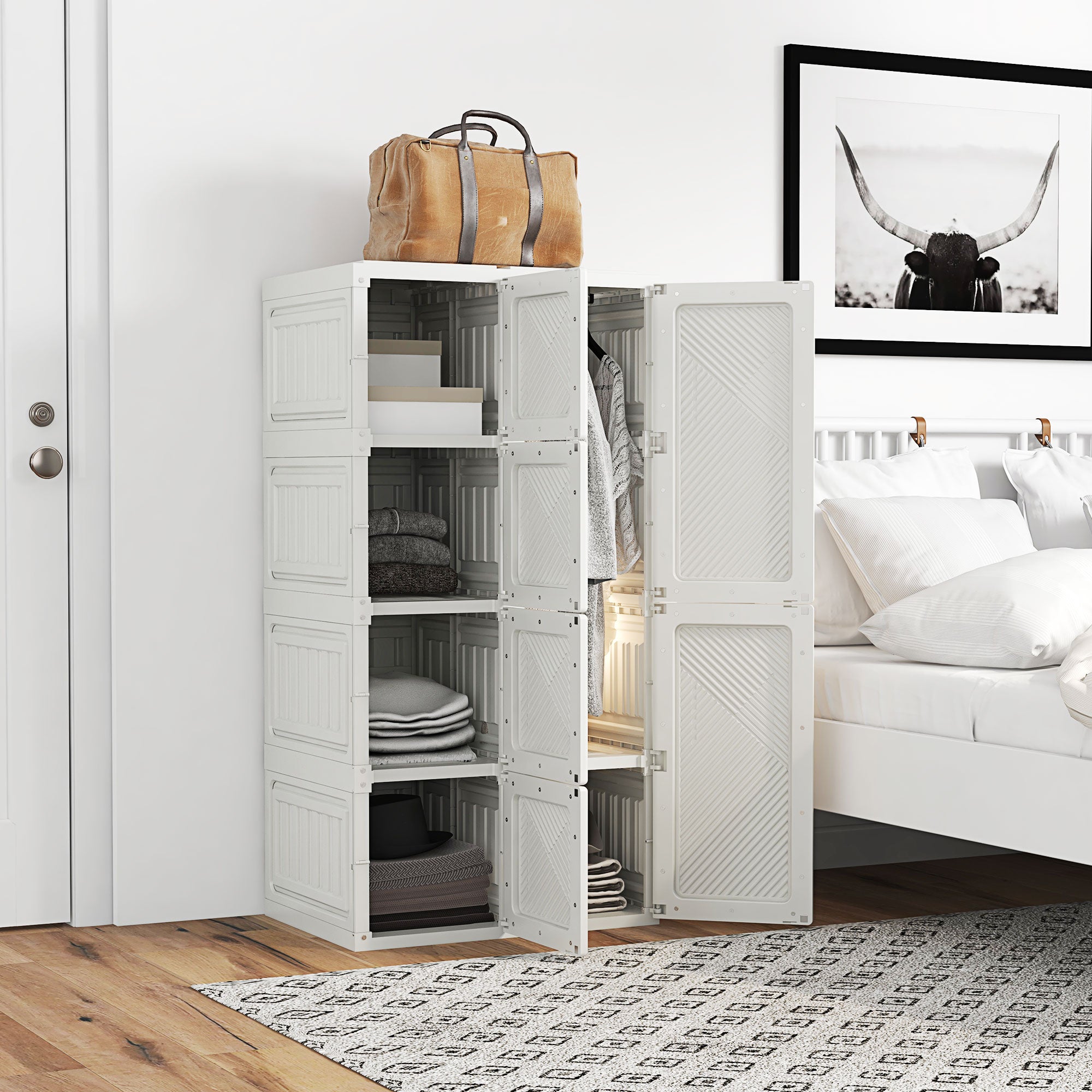 Portable Wardrobe, Foldable Clothes Storage Organzier with 5 Compartments, 2 Hanging Rod, Magnet Doors, White Clothing Storage at Gallery Canada