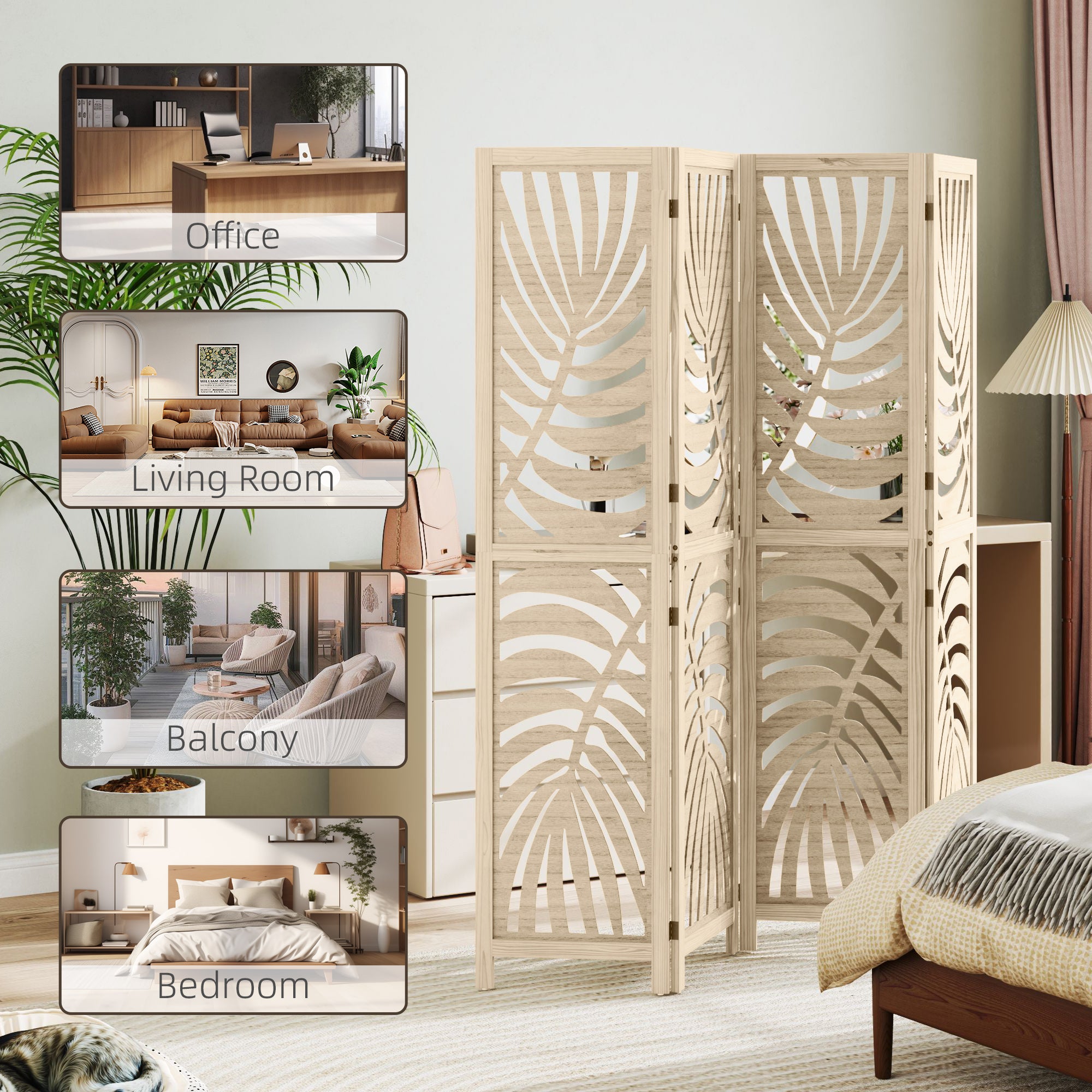 4 Panel Room Divider, Detachable Folding Privacy Screens with Palm Leaf Design for Home Office, Natural Wood Finish Room Dividers at Gallery Canada