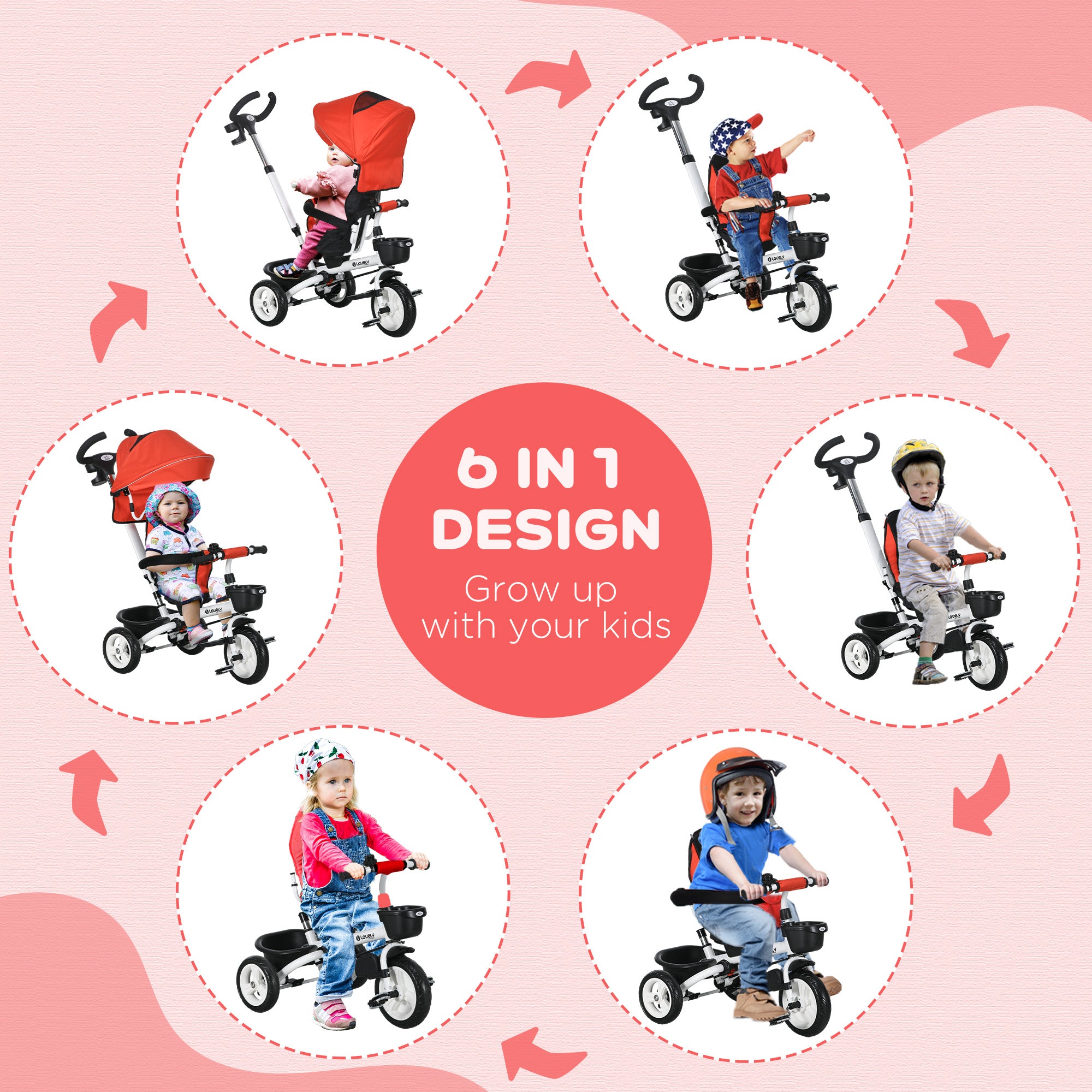 6 in 1 Toddler Tricycle with Parent Push Handle, Canopy, Storage Baskets, Cupholder, Red Tricycles for Kids at Gallery Canada
