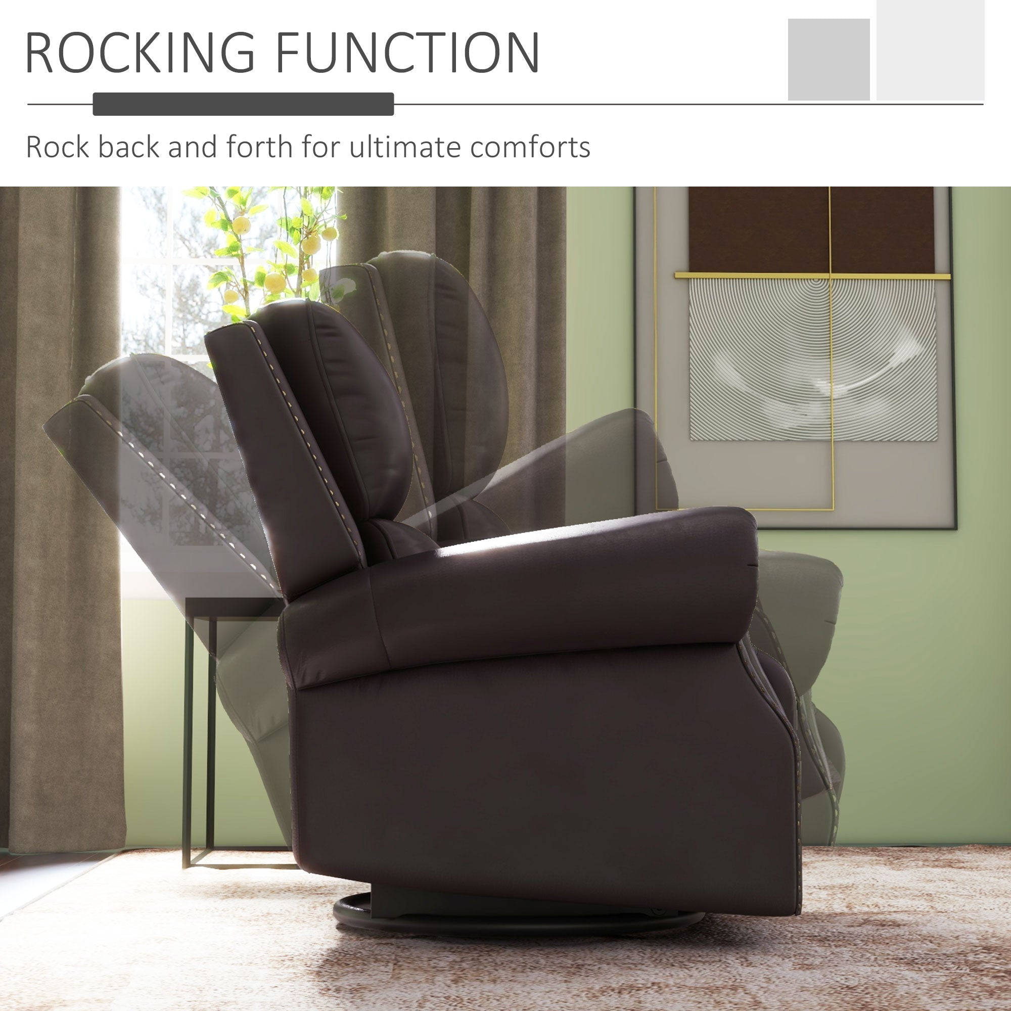 Swivel Recliner Chair, Reclining Sofa, PU Leather Rocker with Thick Padded Back and Seat for Living Room, Brown Single Sofas   at Gallery Canada