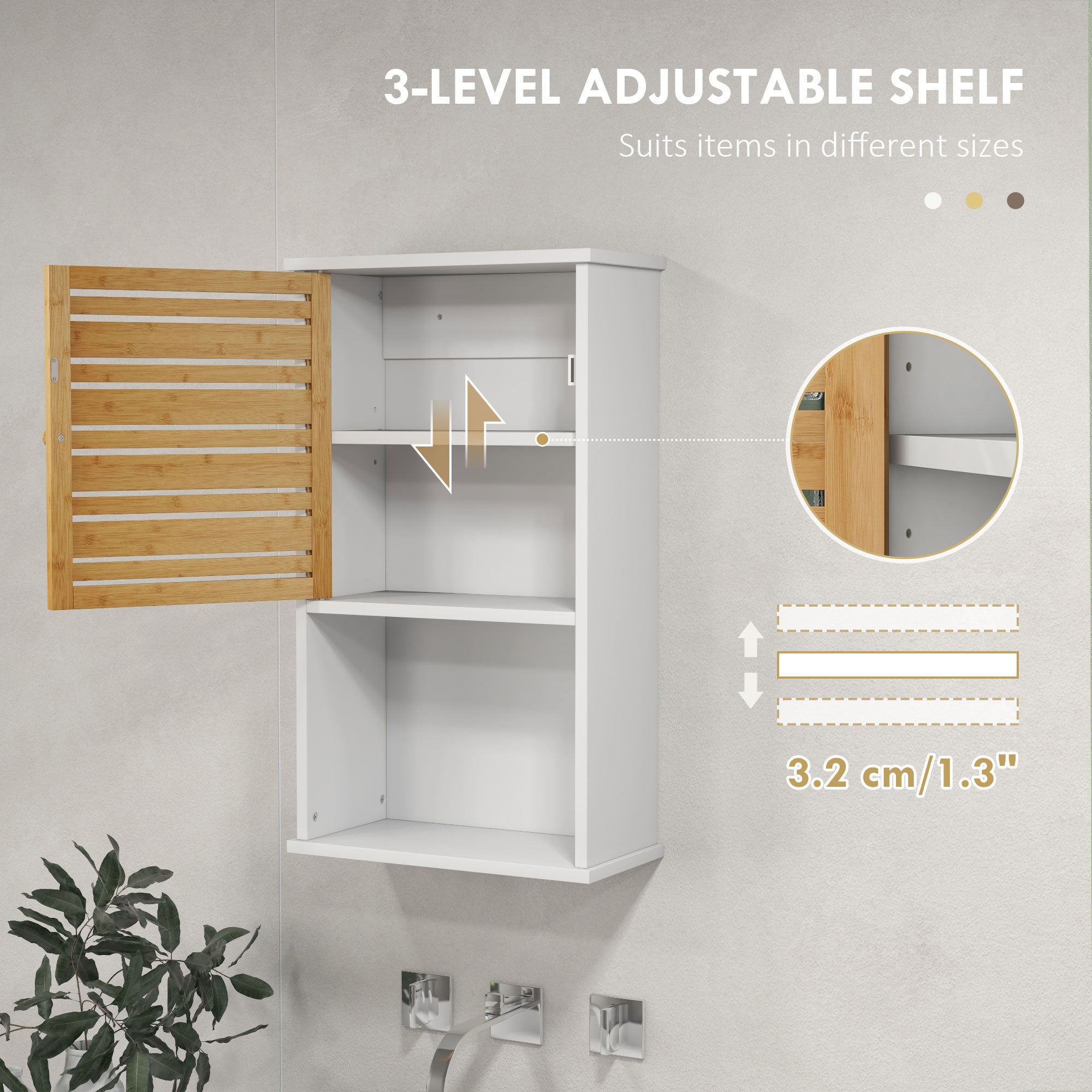 Wall Mounted Bathroom Cabinet with Storage, Bathroom Wall Cabinet with Bamboo Slat Door and Adjustable Shelf, White Wall Mounted Cabinets at Gallery Canada