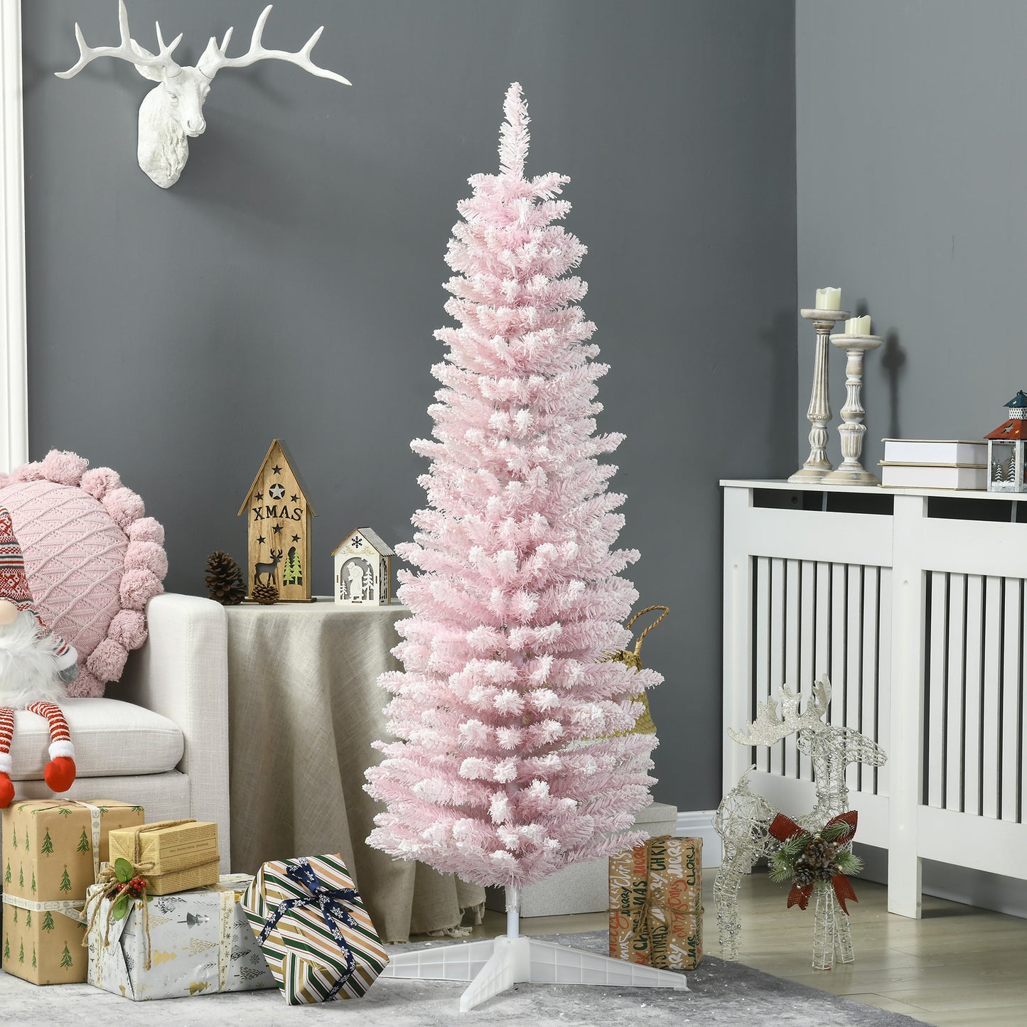 5ft Flocked Christmas Tree, Pencil Artificial Christmas Tree with Realistic Branches, Pink Pencil Christmas Trees   at Gallery Canada