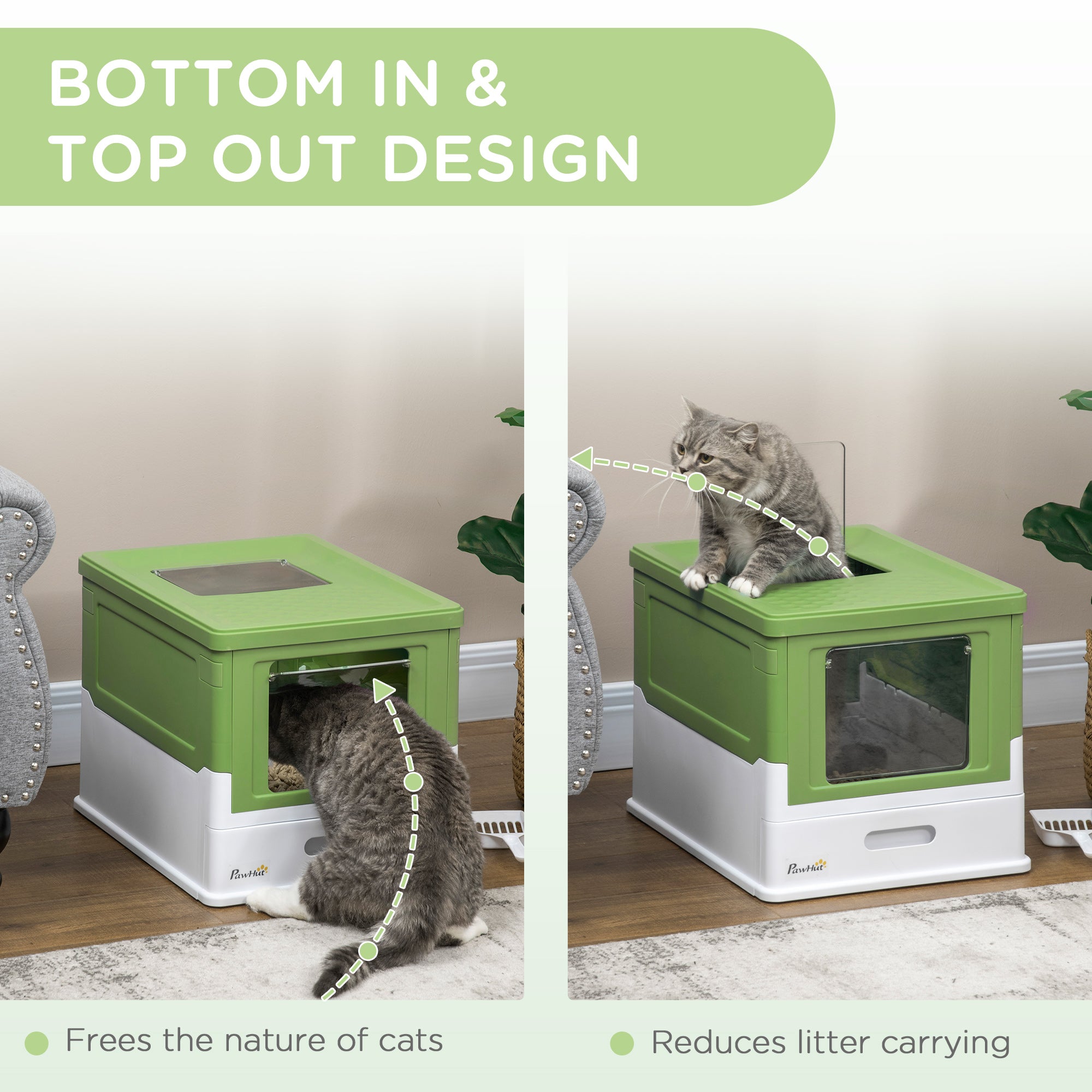 Top Entry Enclosed Kitty Litter Box with Scoop, Tray, Front Entry, Large Space, Foldable, Portable, Dark Green Cat Litter Box Enclosures   at Gallery Canada