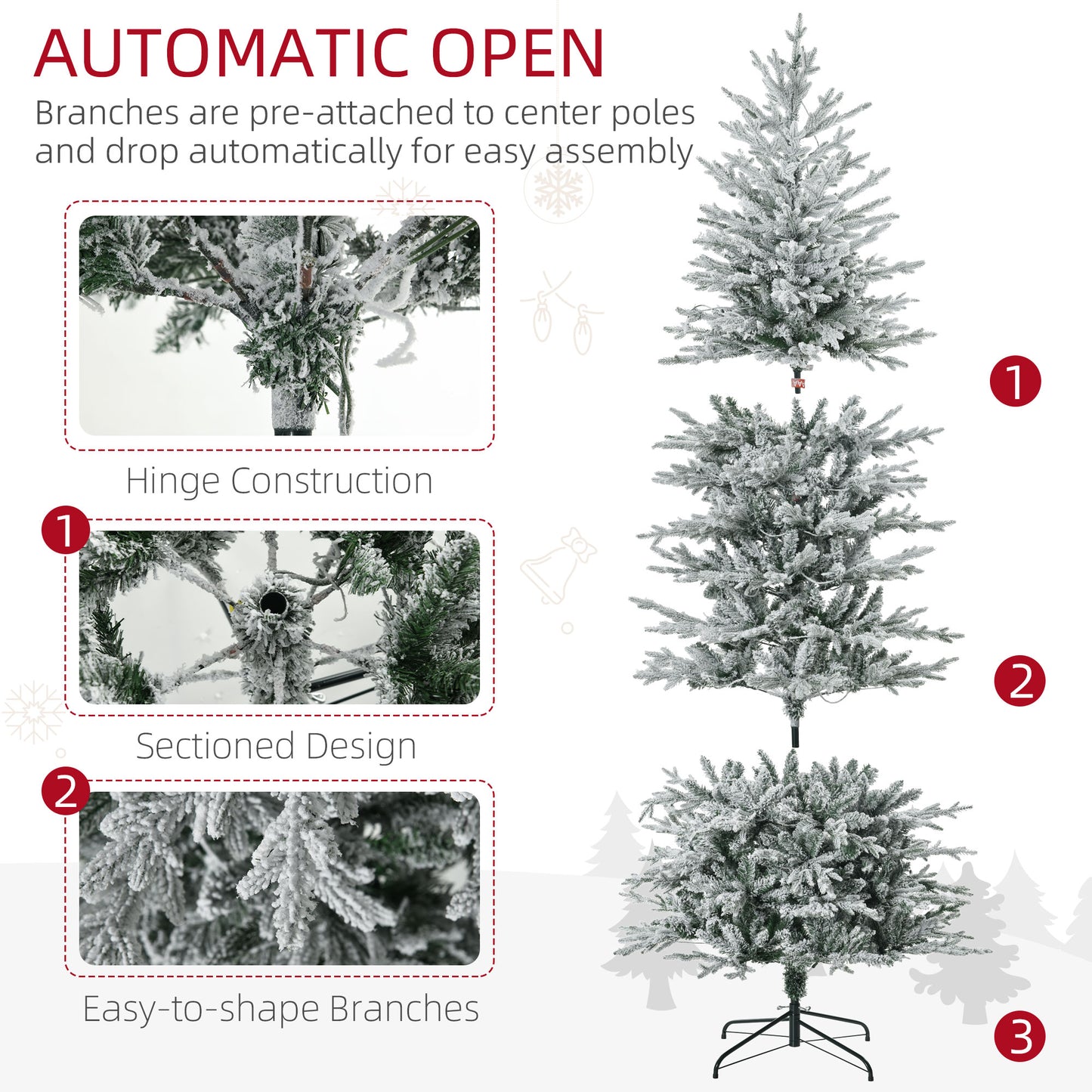 7' Pre Lit Artificial Flocked Christmas Trees, with Snow Branches, Warm Yellow Clear Lights, Auto Open, Extra Bulb Pre Lit Christmas Trees   at Gallery Canada