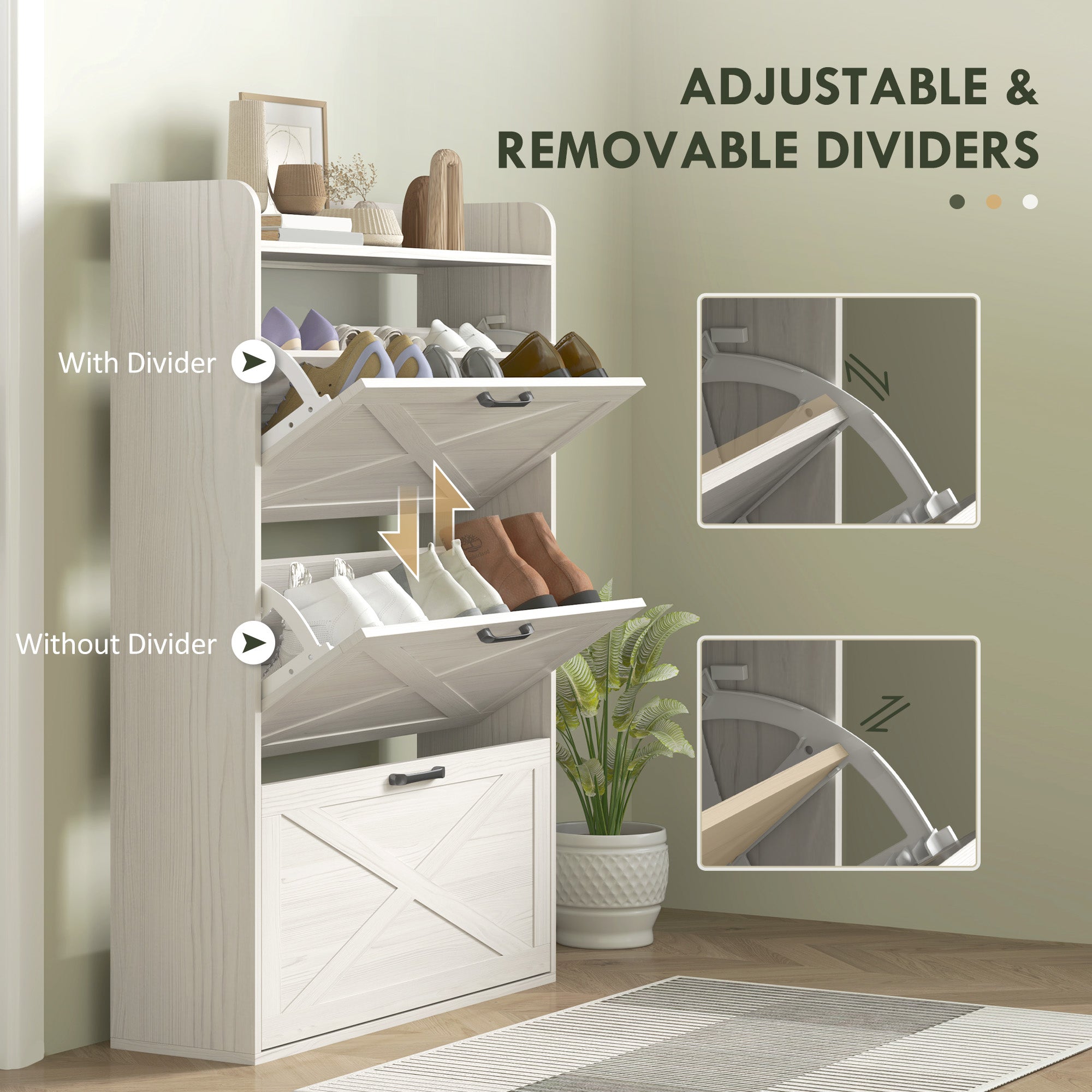 Narrow Shoe Storage Cabinet Farmhouse Shoe Cabinet with 3 Flip Drawers Adjustable Shelves for Entryway White Oak Shoe Storage Cabinets & Racks at Gallery Canada
