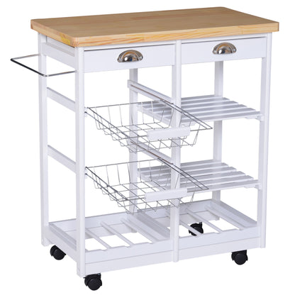 Rolling Kitchen Island Trolley Serving Cart Wheeled Storage Cabinet w/ Basket Shelves and Drawers White Kitchen Islands & Kitchen Carts White  at Gallery Canada