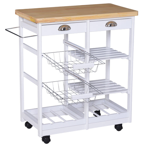 Rolling Kitchen Island Trolley Serving Cart Wheeled Storage Cabinet w/ Basket Shelves and Drawers White