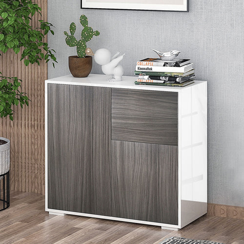High Gloss Buffet Sideboard with 2 Drawers, 2 Doors and Adjustable Shelf, Kitchen Storage Cabinet with Push Open Design, Grey and White