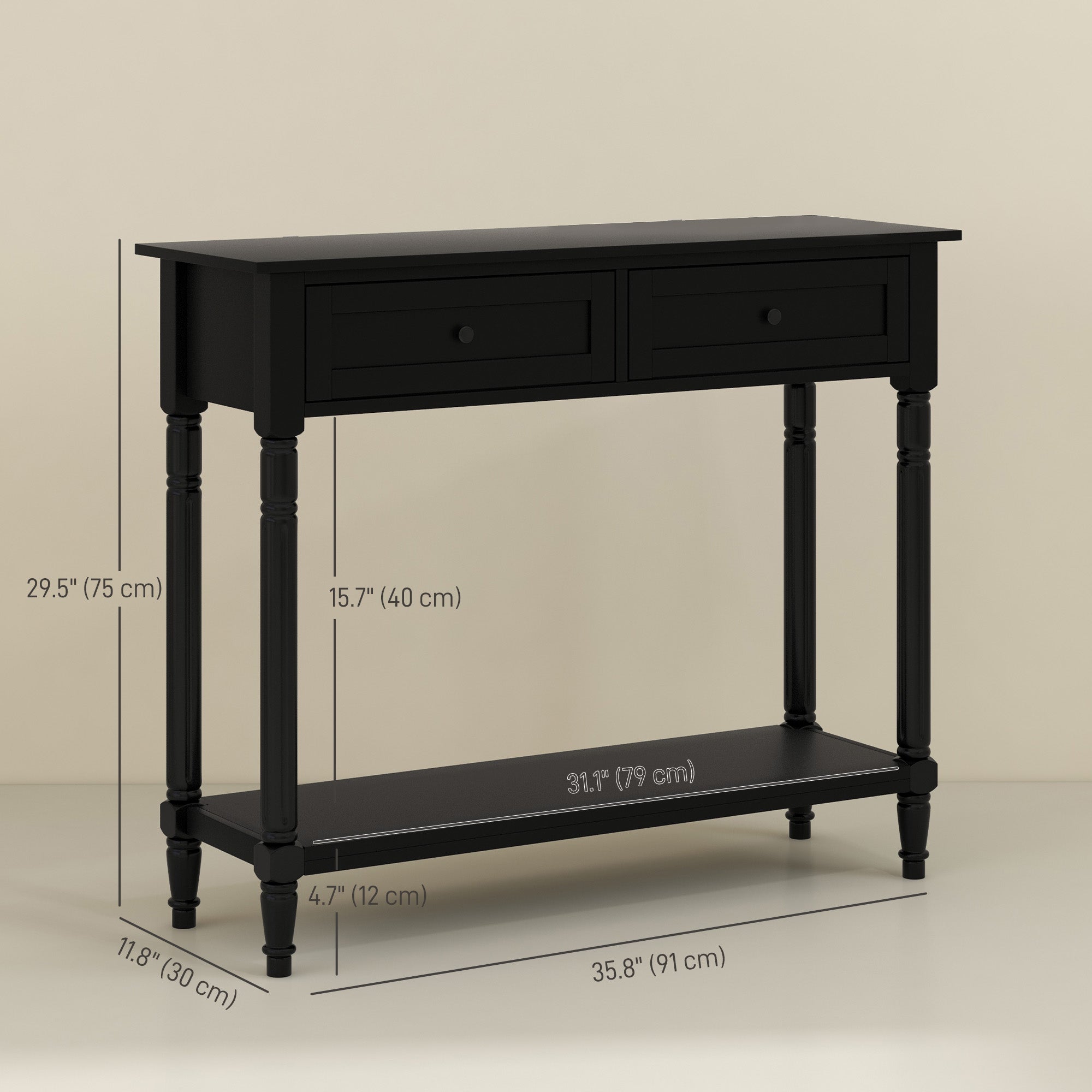 Hallway Console Table, Modern Entryway Table with 2 Drawers, Storage Shelf, Turned Legs for Living Room, Bedroom, Black Console Tables at Gallery Canada