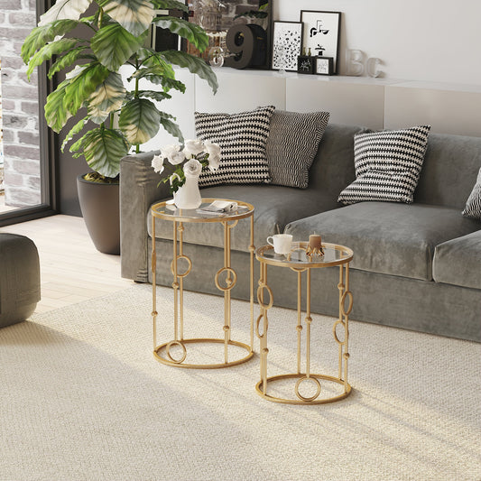 Round Coffee Tables Set of 2, Gold Nesting Side End Tables with Tempered Glass Top, Steel Frame for Living Room - Gallery Canada