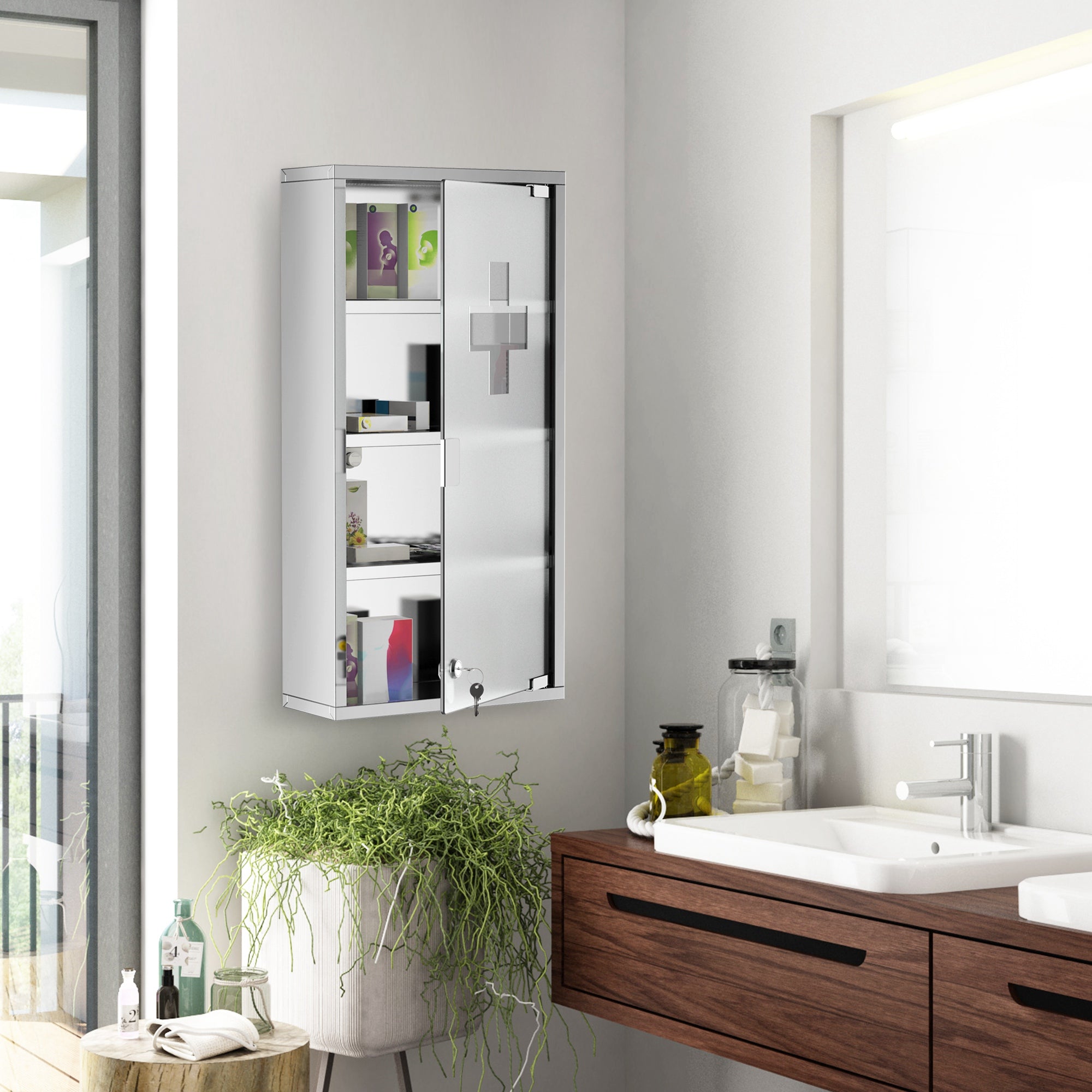 Wall Mount Medicine Cabinet, Bathroom Cabinet with 4 Tier Shelves, Stainless Steel Frame and Glass Door, Lockable with 2 Keys, Silver, 12