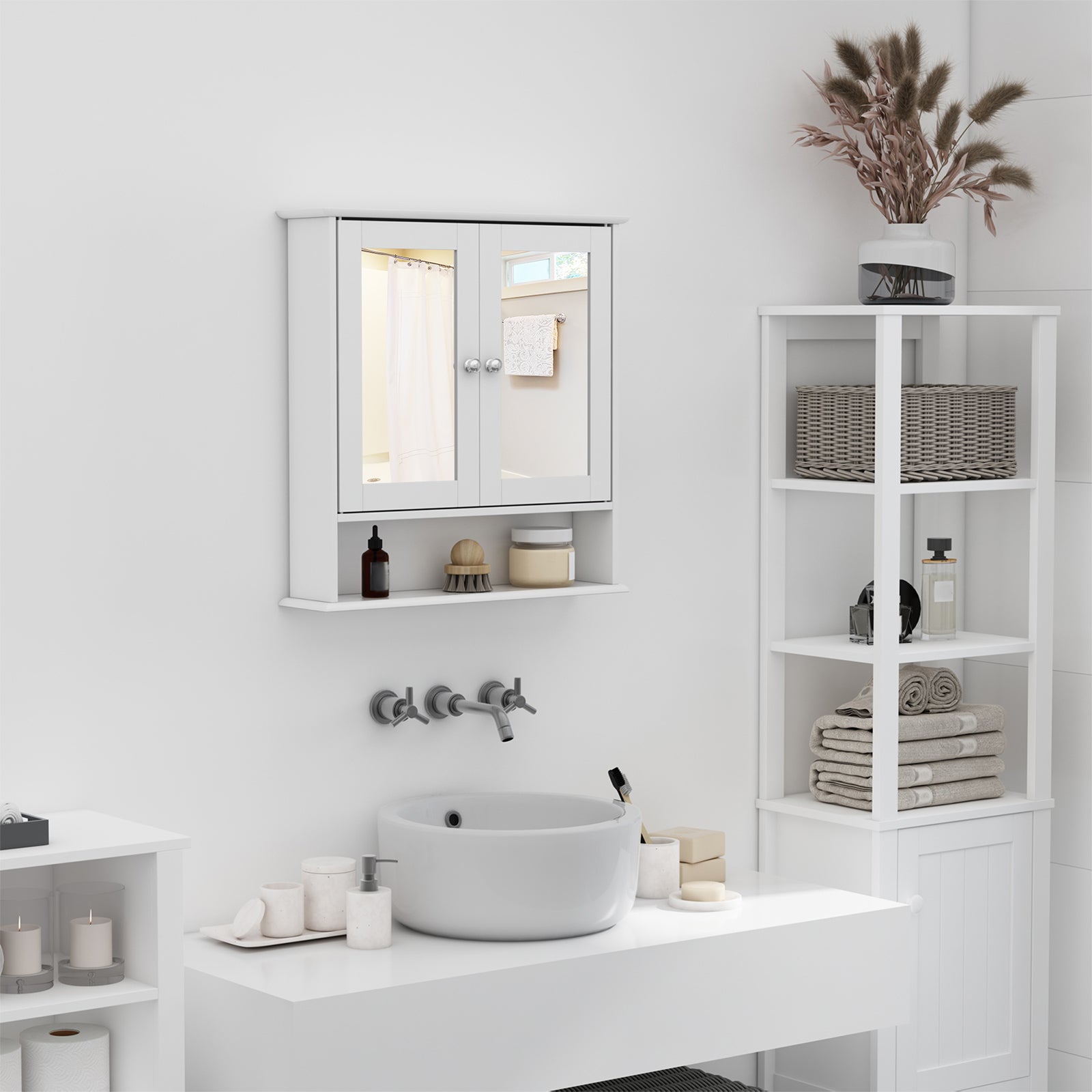 Medicine Cabinet, Wall-Mounted Bathroom Mirror Cabinet with Double Doors, Open Shelf, and Adjustable Shelf, Modern Bathroom Wall Cabinet, White Mirror Medicine Cabinets at Gallery Canada
