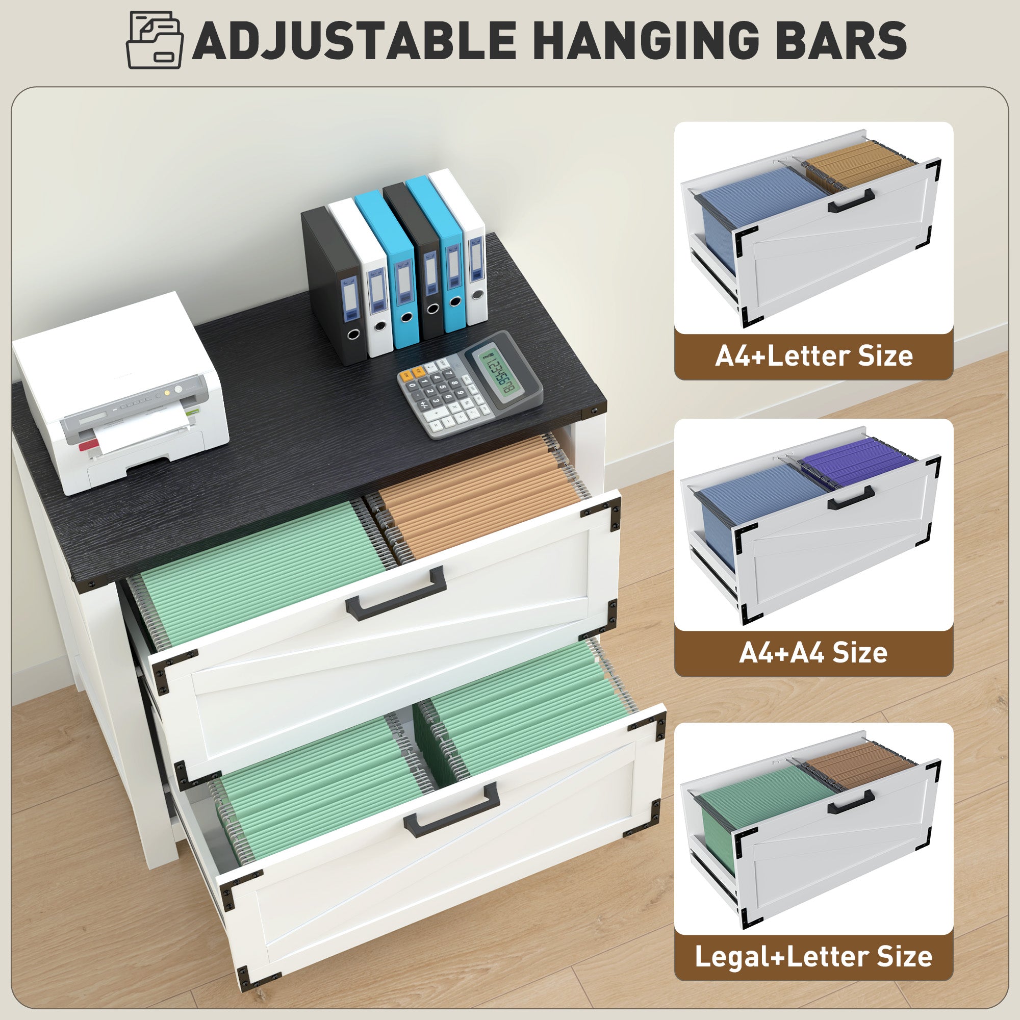 2 Drawer Filing Cabinet, Farmhouse Office Storage Cabinet with Adjustable Hanging Bars for Letter, A4, Legal Size, White Office Cabinets & Cupboards at Gallery Canada