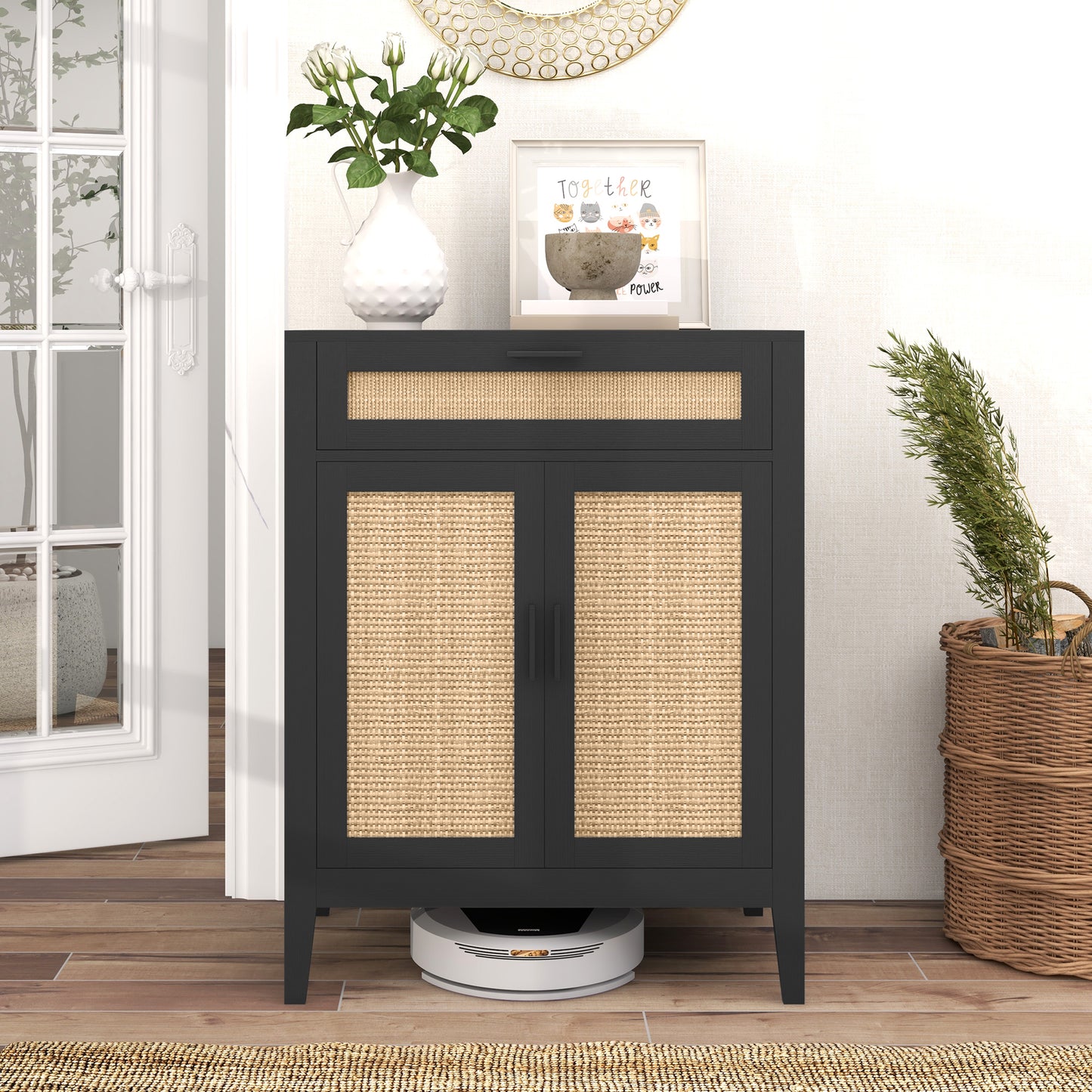 Kitchen Sideboard, Boho Storage Cabinet with 2 Rattan Decorated Doors and Drawer for Dining Room, Black Storage Cabinets Multi Colour  at Gallery Canada