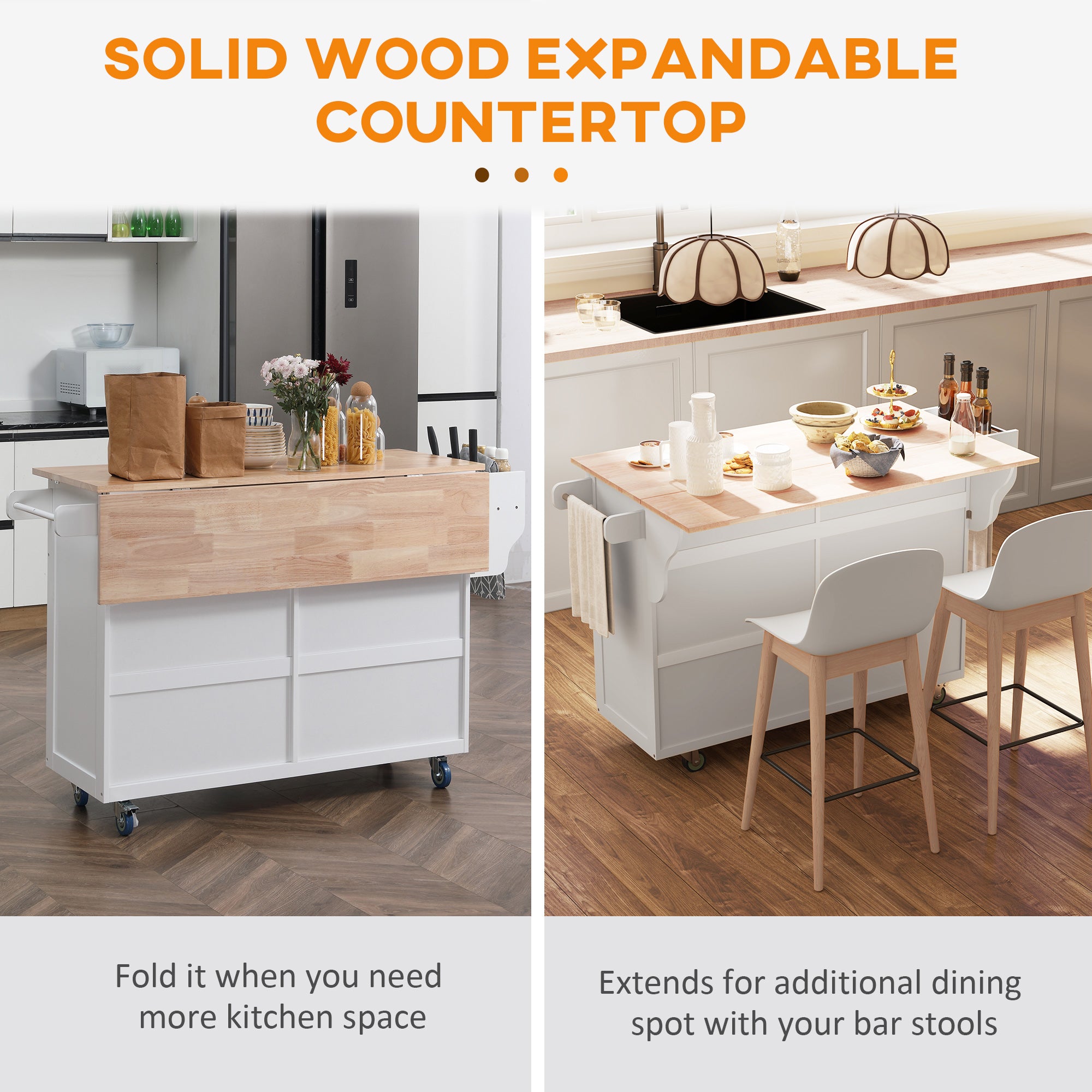 Kitchen Island with Storage, Rolling Kitchen Island with Drop Leaf, Rubber Wood Top and Adjustable Shelves, White Kitchen Islands & Kitchen Carts at Gallery Canada