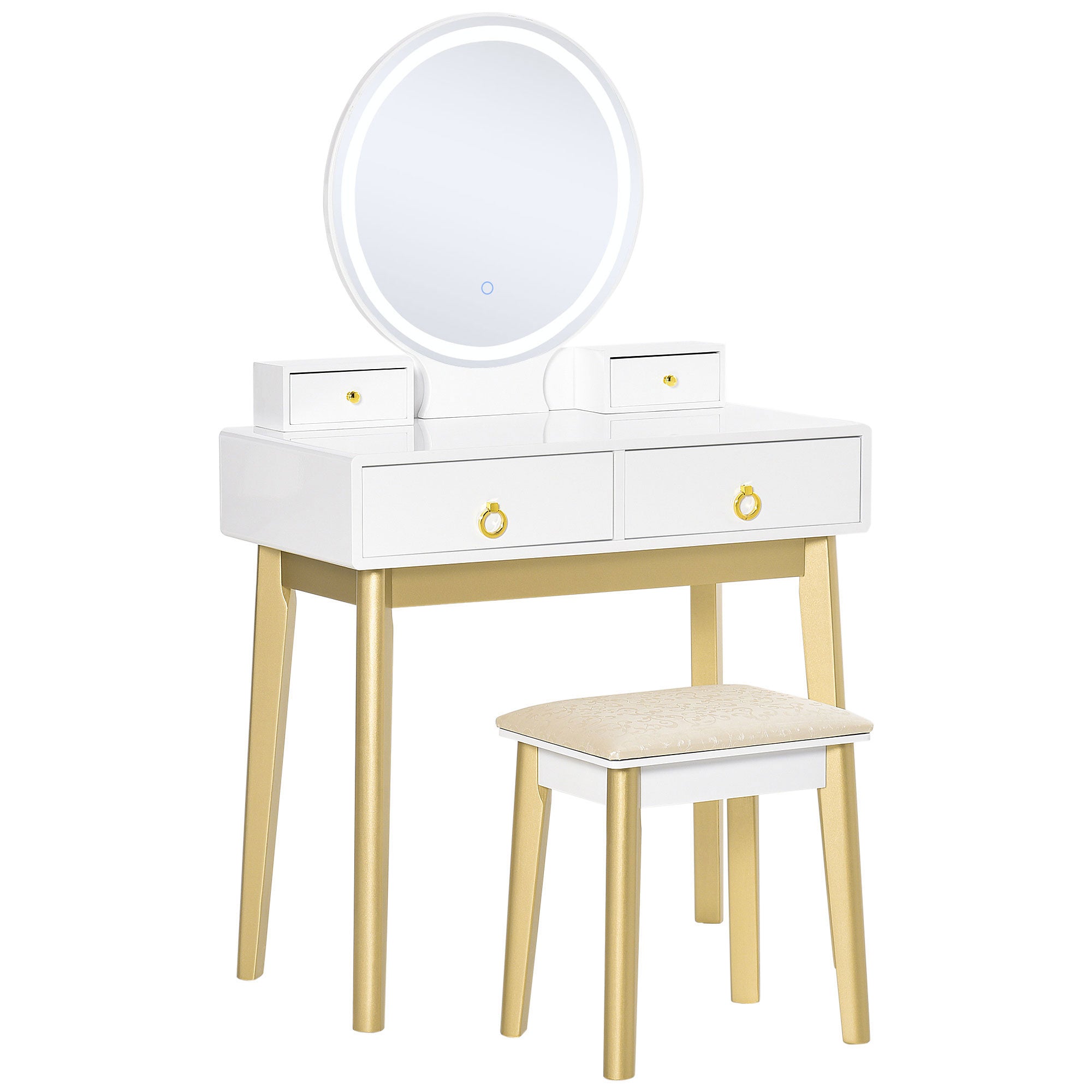 Makeup Vanity Table Set with Round Mirror, Built-in 3 Color LED Light, Dressing Desk with 4 Drawers and Cushioned Stool for Bedroom, White Dressing & Vanity Tables White  at Gallery Canada