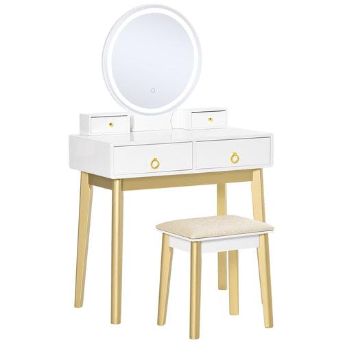 Makeup Vanity Table Set with Round Mirror, Built-in 3 Color LED Light, Dressing Desk with 4 Drawers and Cushioned Stool for Bedroom, White