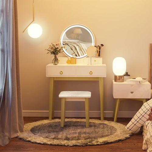 Makeup Vanity Table Set with Round Mirror, Built-in 3 Color LED Light, Dressing Desk with 4 Drawers and Cushioned Stool for Bedroom, White