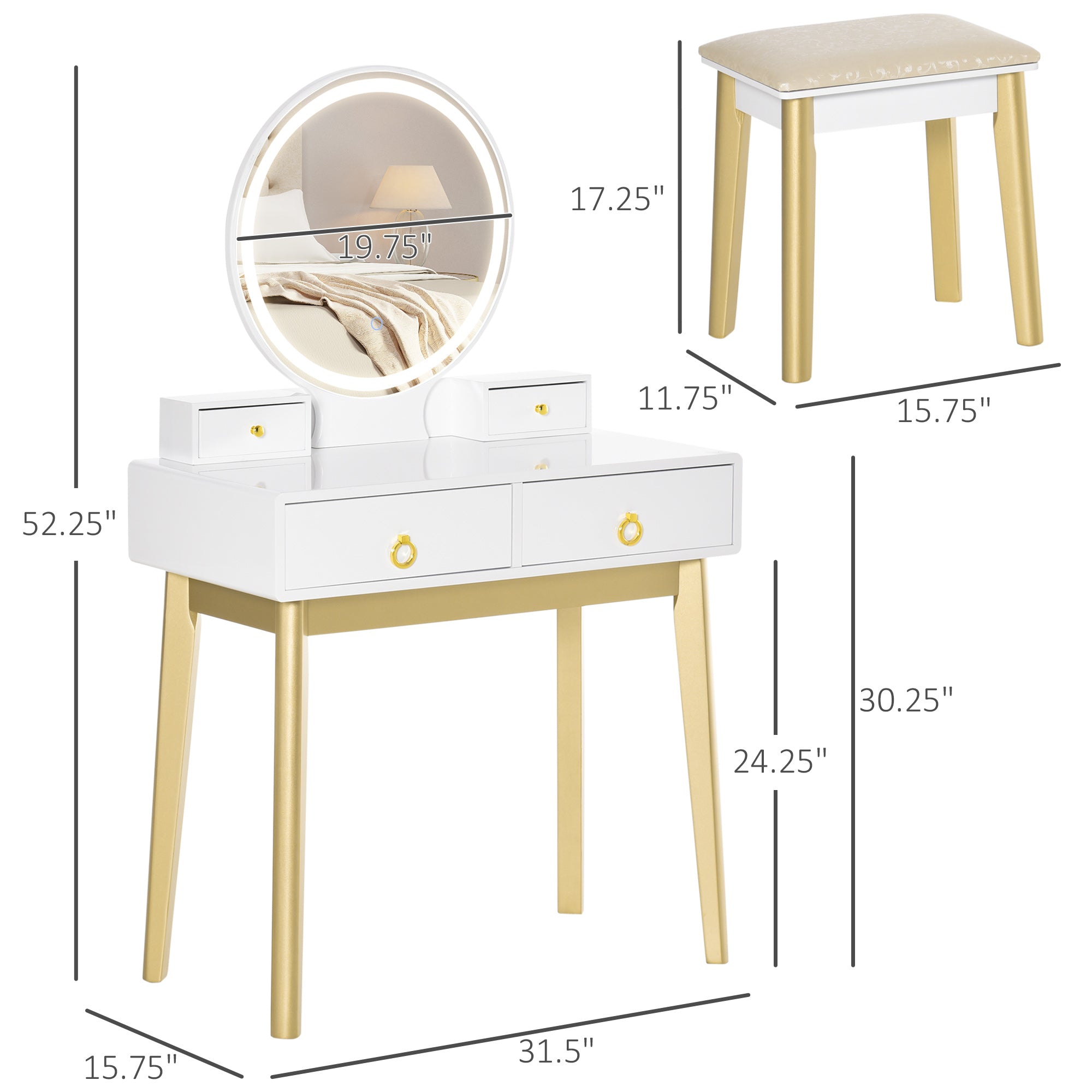 Makeup Vanity Table Set with Round Mirror, Built-in 3 Color LED Light, Dressing Desk with 4 Drawers and Cushioned Stool for Bedroom, White Dressing & Vanity Tables   at Gallery Canada