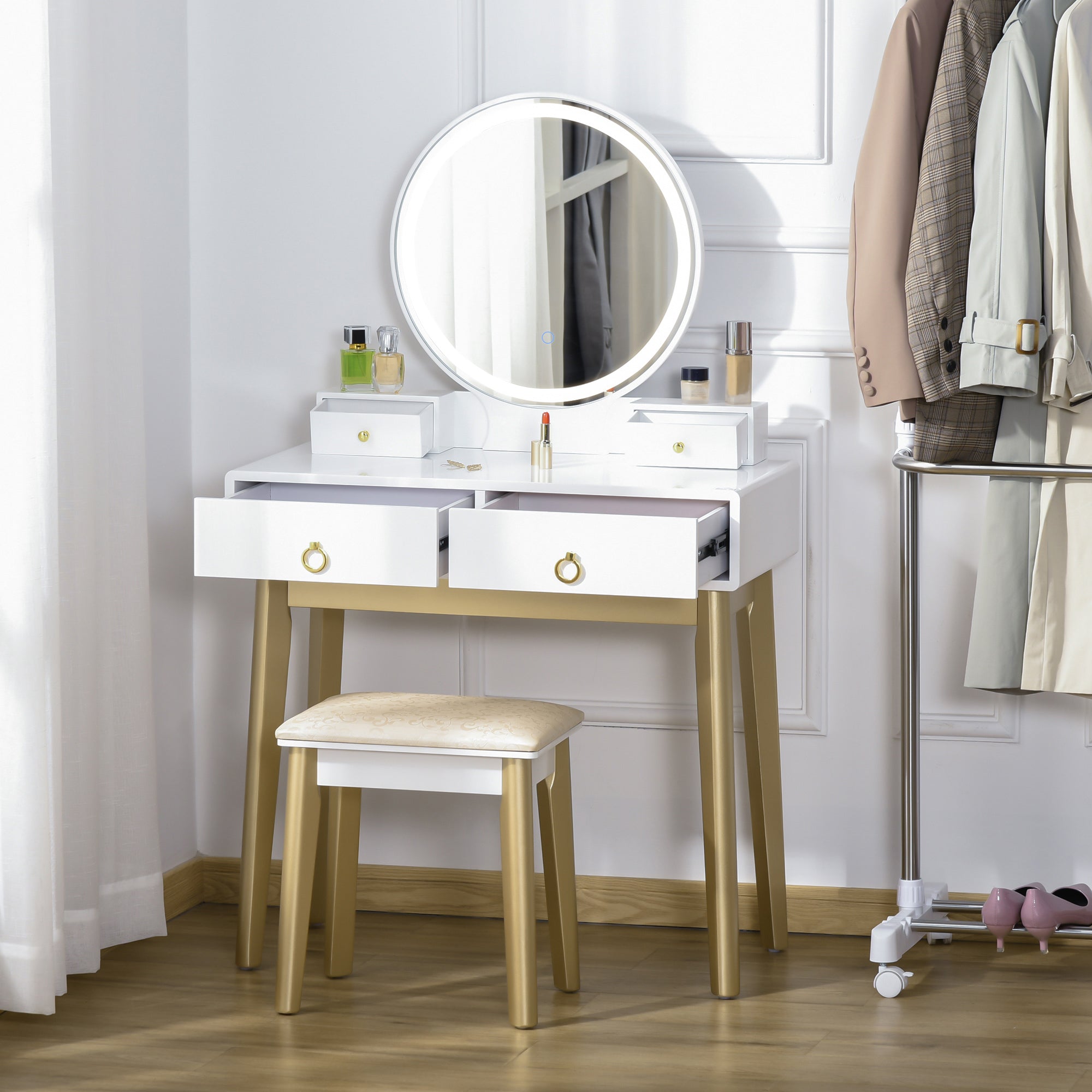 Makeup Vanity Table Set with Round Mirror, Built-in 3 Color LED Light, Dressing Desk with 4 Drawers and Cushioned Stool for Bedroom, White Dressing & Vanity Tables   at Gallery Canada