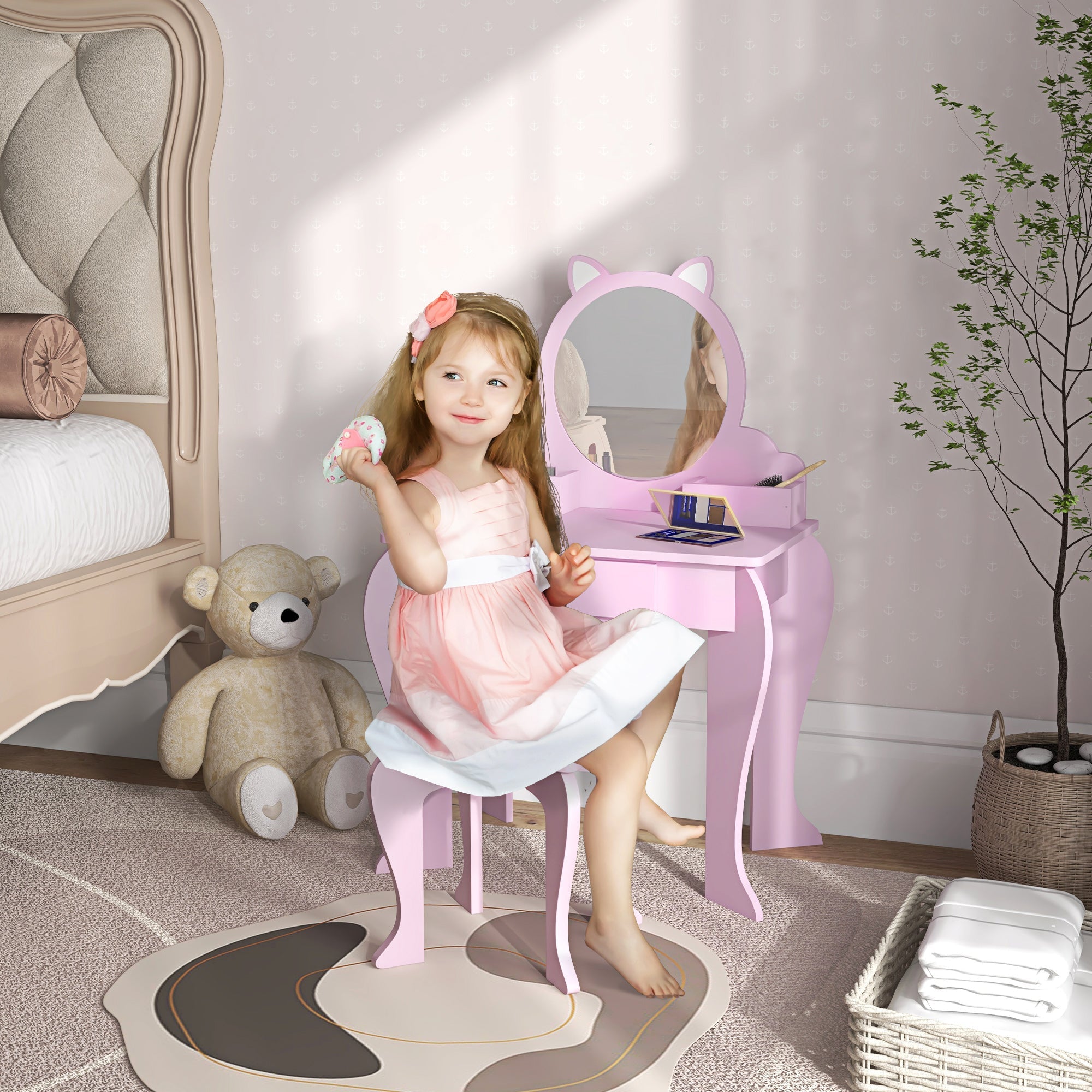 Makeup Vanity with Mirror and Stool, Cat Design, Drawer, Storage Boxes, for 3-6 Years Old, Pink Toy Vanity   at Gallery Canada