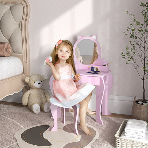 Makeup Vanity with Mirror and Stool, Cat Design, Drawer, Storage Boxes, for 3-6 Years Old, Pink