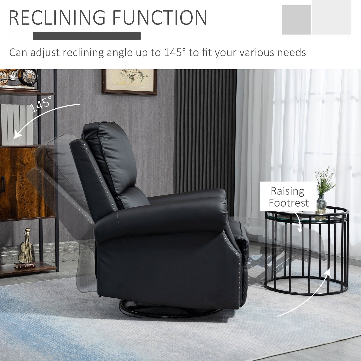 Manual Recliner Chair 360° Swivel Rocking Armchair Sofa with PU Leather Padded Cushion and Backrest for Living Room Black Single Sofas   at Gallery Canada