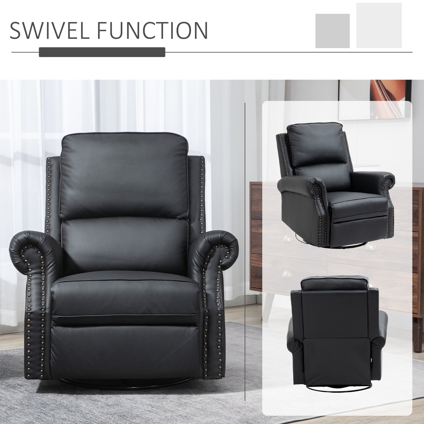 Manual Recliner Chair 360° Swivel Rocking Armchair Sofa with PU Leather Padded Cushion and Backrest for Living Room Black Single Sofas   at Gallery Canada