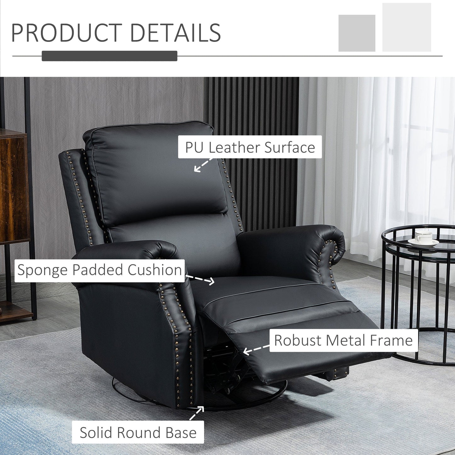 Manual Recliner Chair 360° Swivel Rocking Armchair Sofa with PU Leather Padded Cushion and Backrest for Living Room Black Single Sofas   at Gallery Canada