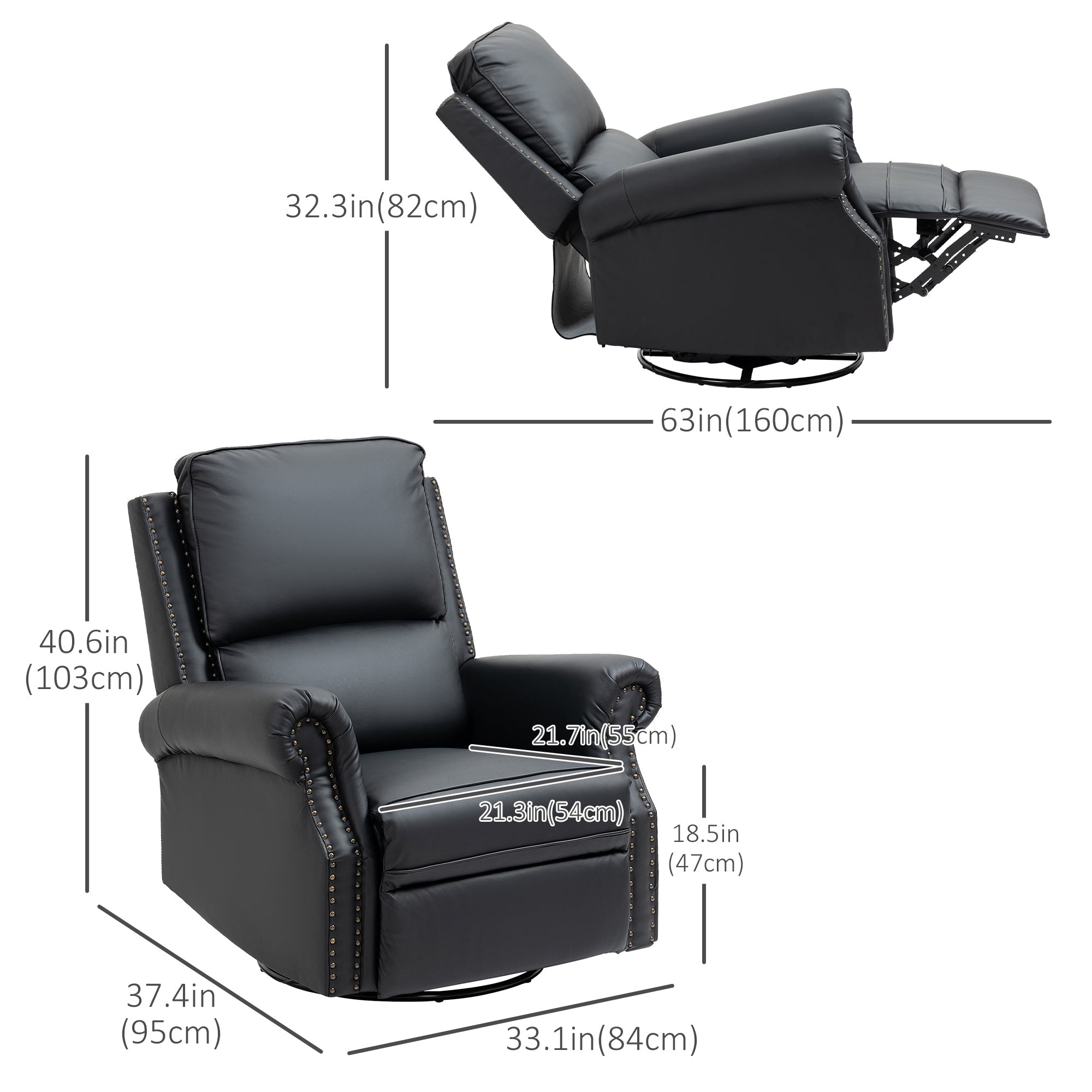 Manual Recliner Chair 360° Swivel Rocking Armchair Sofa with PU Leather Padded Cushion and Backrest for Living Room Black Single Sofas   at Gallery Canada