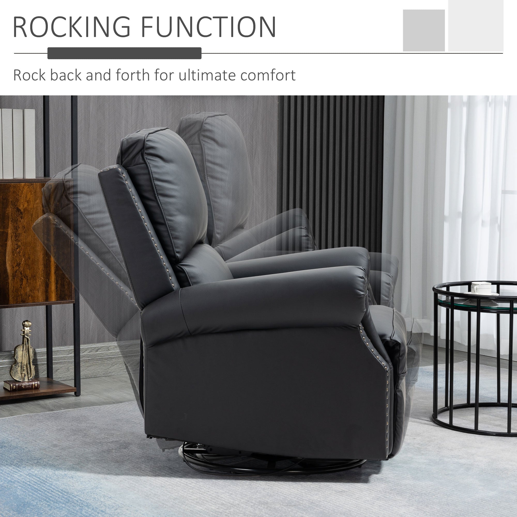 Manual Recliner Chair 360° Swivel Rocking Armchair Sofa with PU Leather Padded Cushion and Backrest for Living Room Black Single Sofas   at Gallery Canada