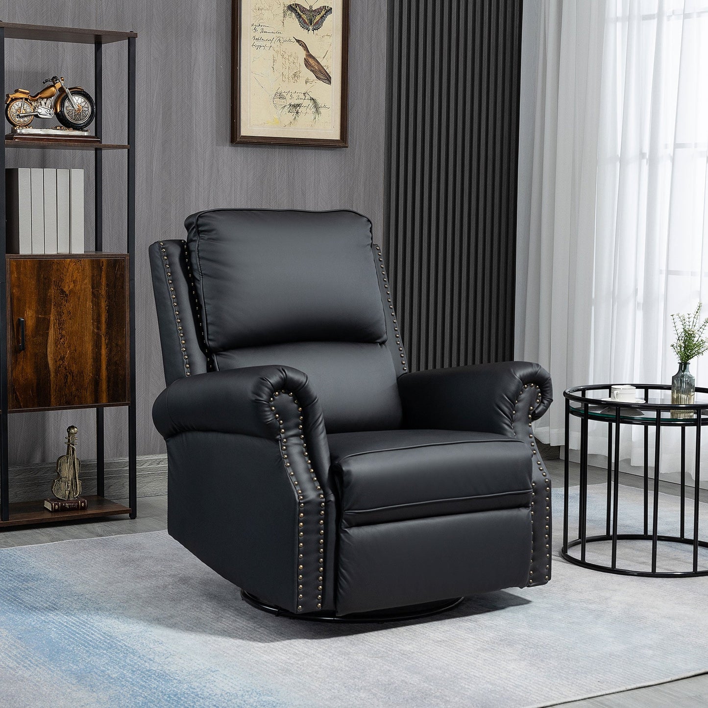 Manual Recliner Chair 360° Swivel Rocking Armchair Sofa with PU Leather Padded Cushion and Backrest for Living Room Black Single Sofas   at Gallery Canada