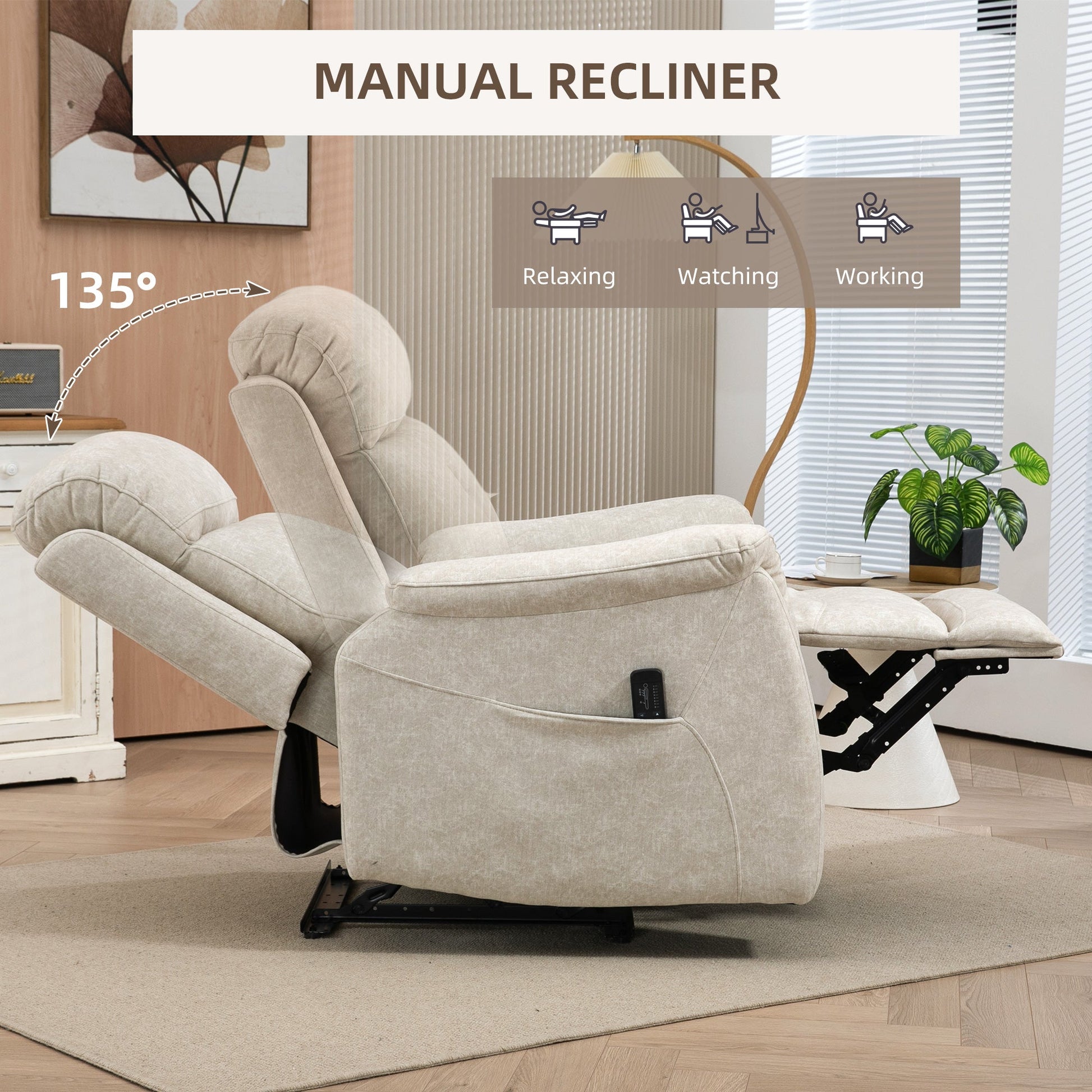 Manual Recliner Chair with Vibration Massage, Reclining Chair for Living Room with Side Pockets, Beige Single Sofas   at Gallery Canada