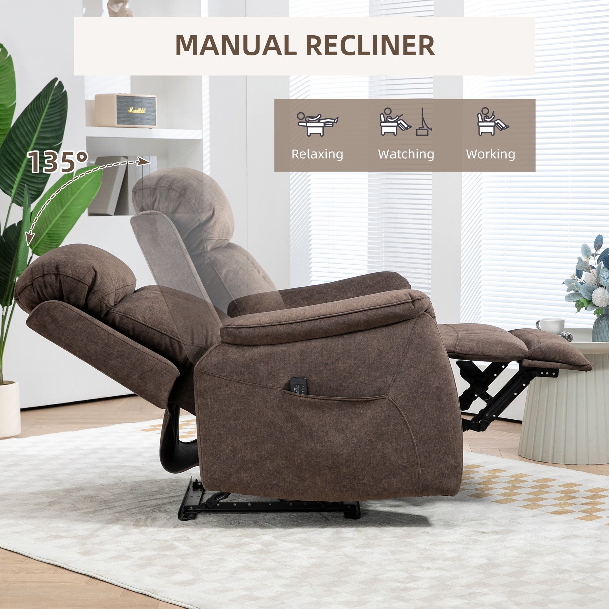 Manual Recliner Chair with Vibration Massage, Reclining Chair for Living Room with Side Pockets, Brown Single Sofas   at Gallery Canada