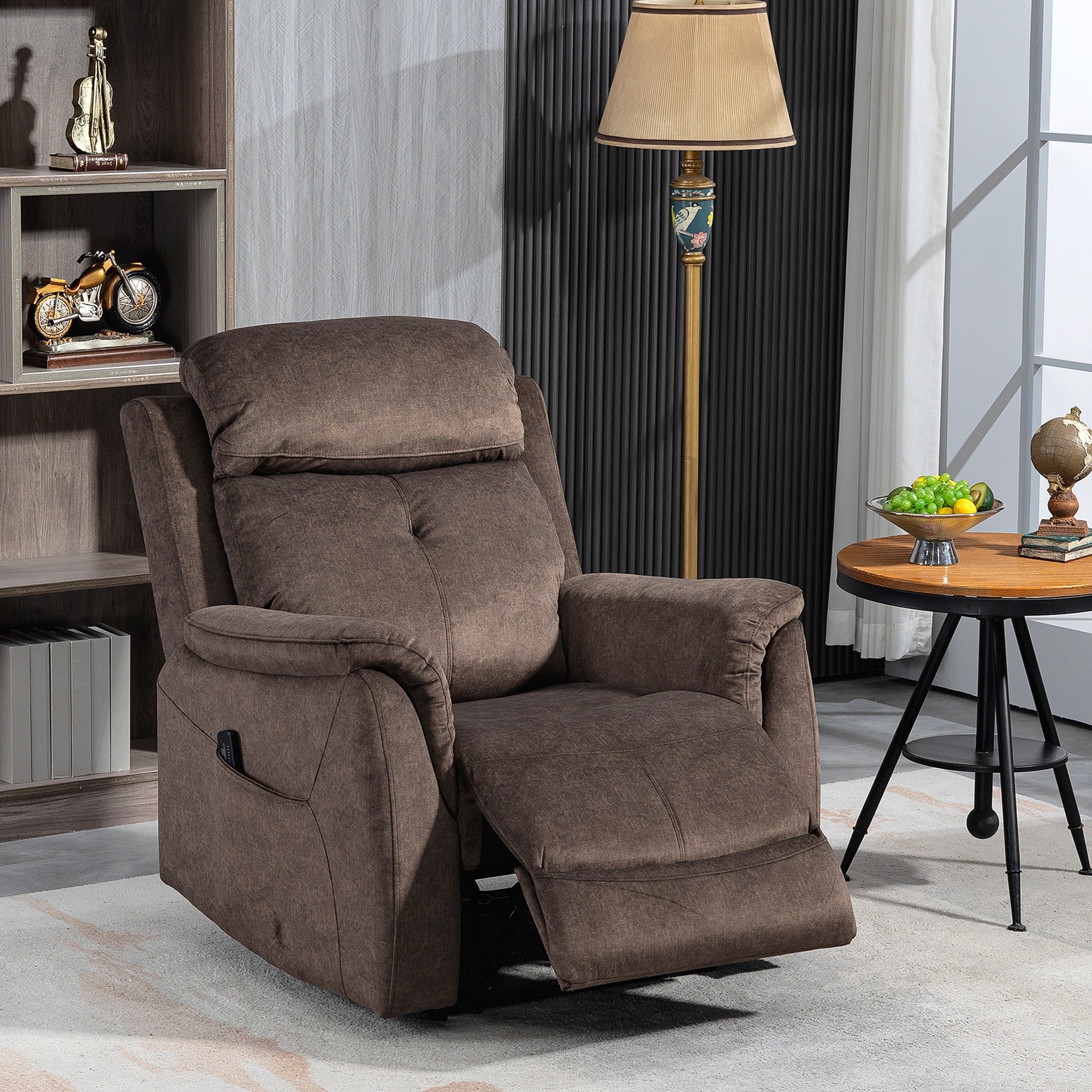 Manual Recliner Chair with Vibration Massage, Reclining Chair for Living Room with Side Pockets, Brown Single Sofas   at Gallery Canada