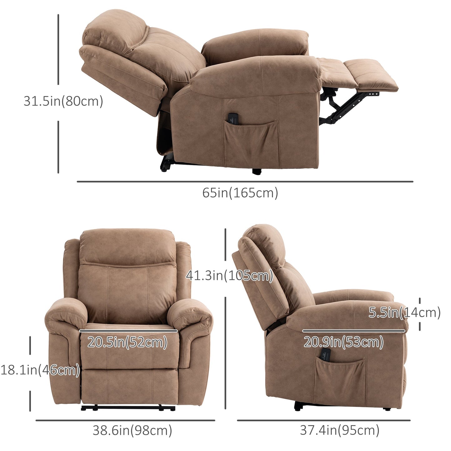 Manual Recliner Chair with Vibration Massage, Side Pockets, Microfibre Reclining Chair for Living Room, Brown - Gallery Canada