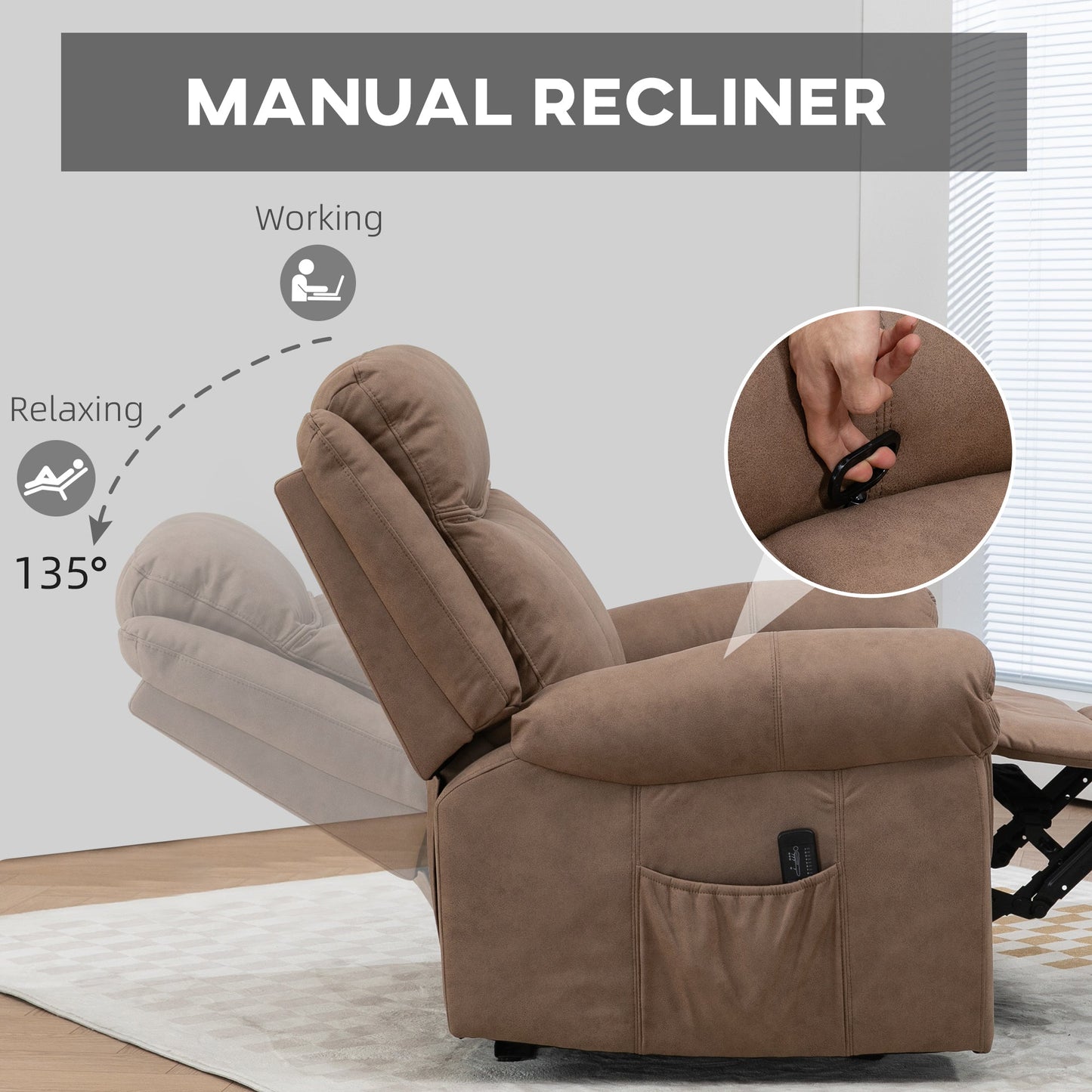 Manual Recliner Chair with Vibration Massage, Side Pockets, Microfibre Reclining Chair for Living Room, Brown Single Sofas   at Gallery Canada