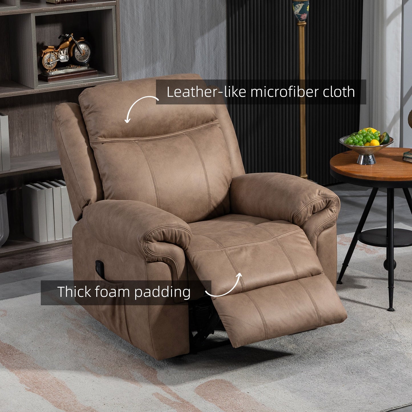 Manual Recliner Chair with Vibration Massage, Side Pockets, Microfibre Reclining Chair for Living Room, Brown - Gallery Canada