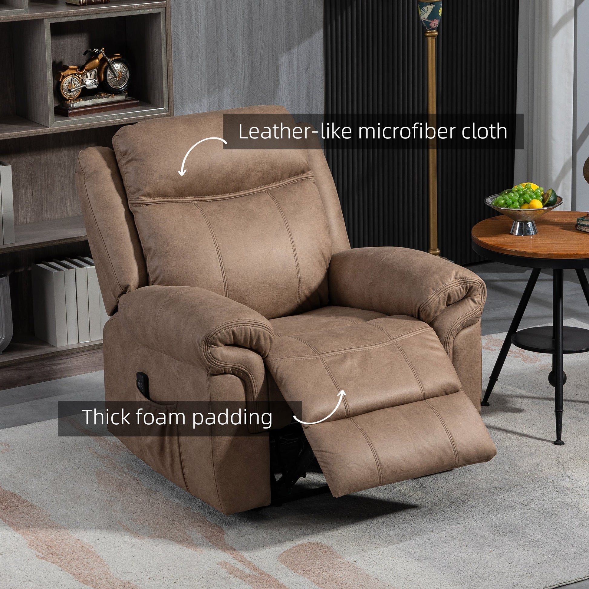 Manual Recliner Chair with Vibration Massage, Side Pockets, Microfibre Reclining Chair for Living Room, Brown - Gallery Canada