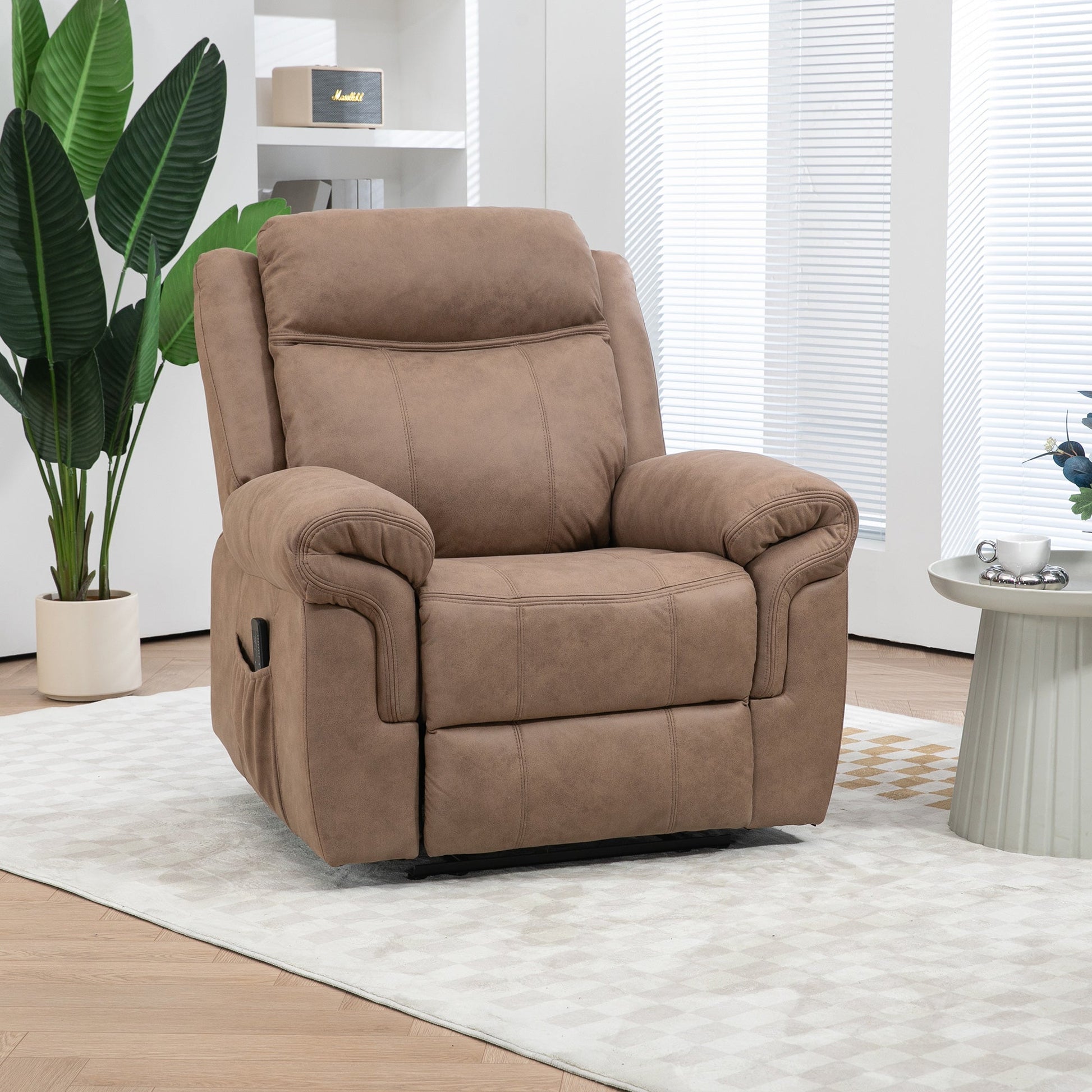 Manual Recliner Chair with Vibration Massage, Side Pockets, Microfibre Reclining Chair for Living Room, Brown Single Sofas   at Gallery Canada