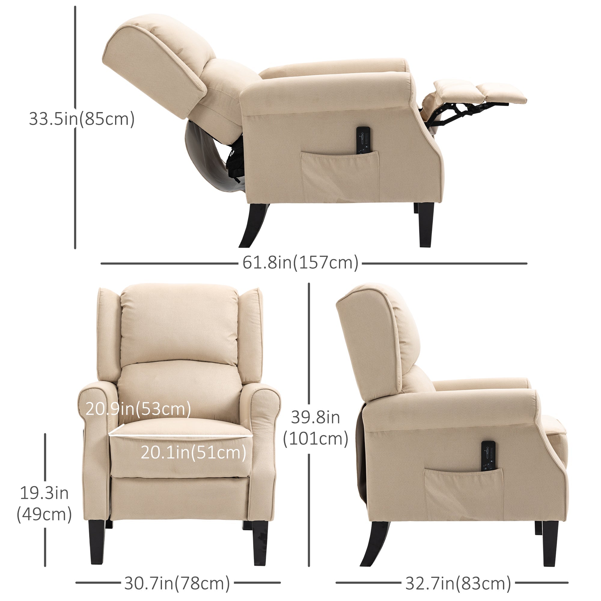 Wingback Massage Recliner Chair with Remote, Footrest, Side Pockets, Beige Single Sofas   at Gallery Canada