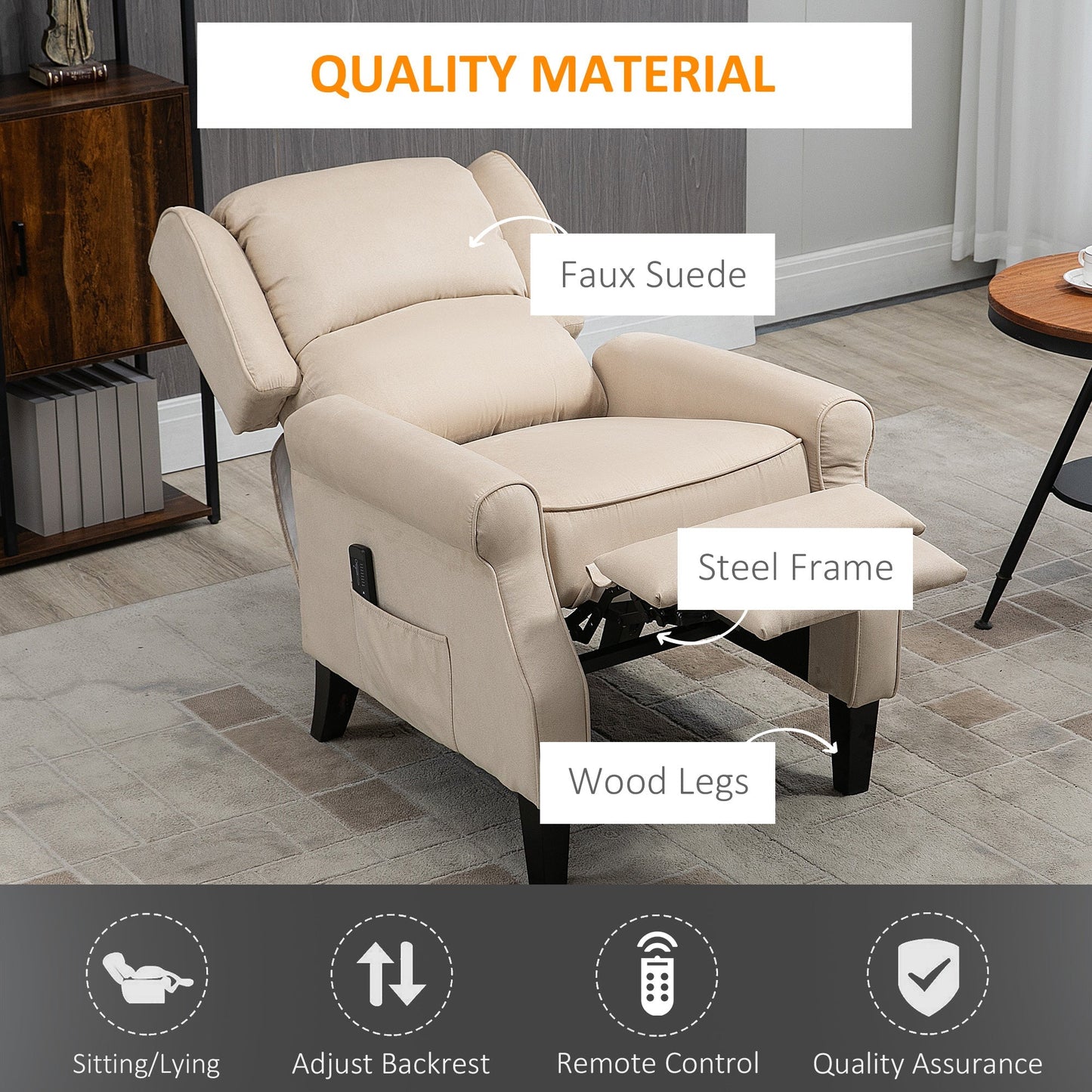 Wingback Massage Recliner Chair with Remote, Footrest, Side Pockets, Beige Single Sofas   at Gallery Canada