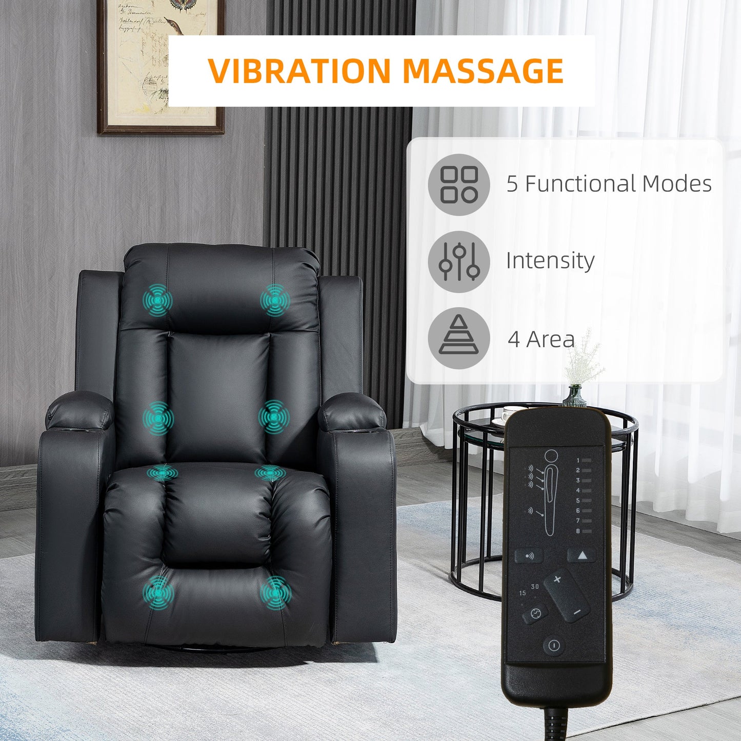 Massage Recliner Chair for Living Room with 8 Vibration Points, PU Leather Reclining Chair with Cup Holders, Swivel Base, Rocking Function, Black Single Sofas   at Gallery Canada