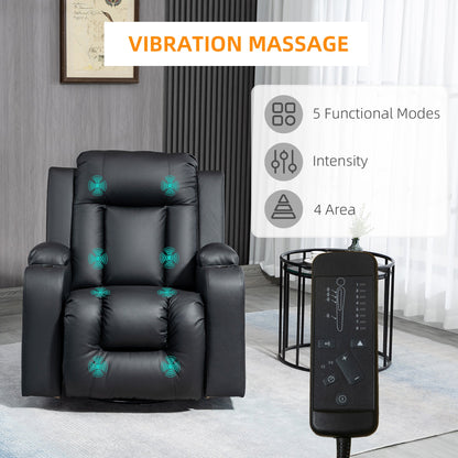 Massage Recliner Chair for Living Room with 8 Vibration Points, PU Leather Reclining Chair with Cup Holders, Swivel Base, Rocking Function, Black Single Sofas   at Gallery Canada