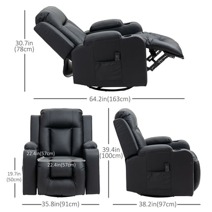 Massage Recliner Chair for Living Room with 8 Vibration Points, PU Leather Reclining Chair with Cup Holders, Swivel Base, Rocking Function, Black Single Sofas Black  at Gallery Canada