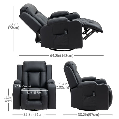 Massage Recliner Chair for Living Room with 8 Vibration Points, PU Leather Reclining Chair with Cup Holders, Swivel Base, Rocking Function, Black