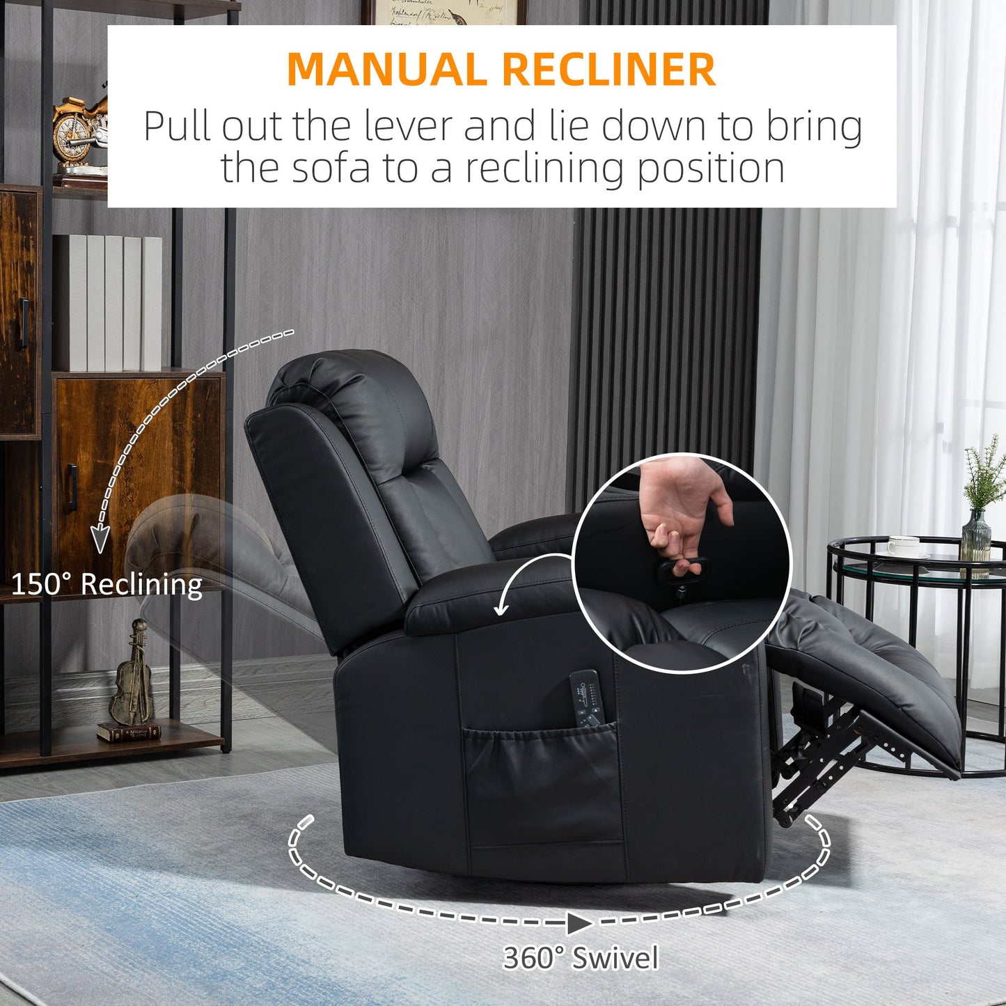 Massage Recliner Chair for Living Room with 8 Vibration Points, PU Leather Reclining Chair with Cup Holders, Swivel Base, Rocking Function, Black Single Sofas   at Gallery Canada