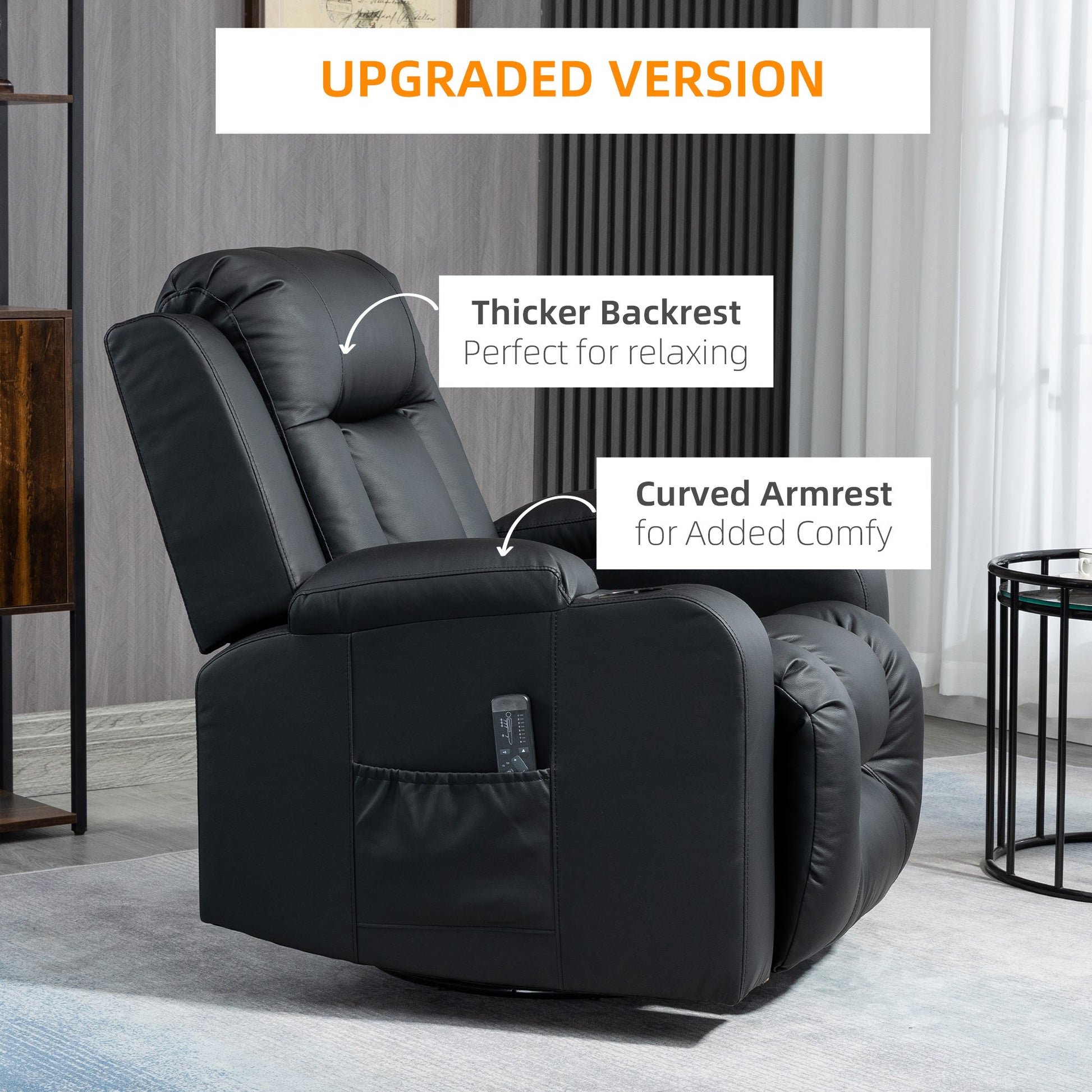 Massage Recliner Chair for Living Room with 8 Vibration Points, PU Leather Reclining Chair with Cup Holders, Swivel Base, Rocking Function, Black Single Sofas   at Gallery Canada