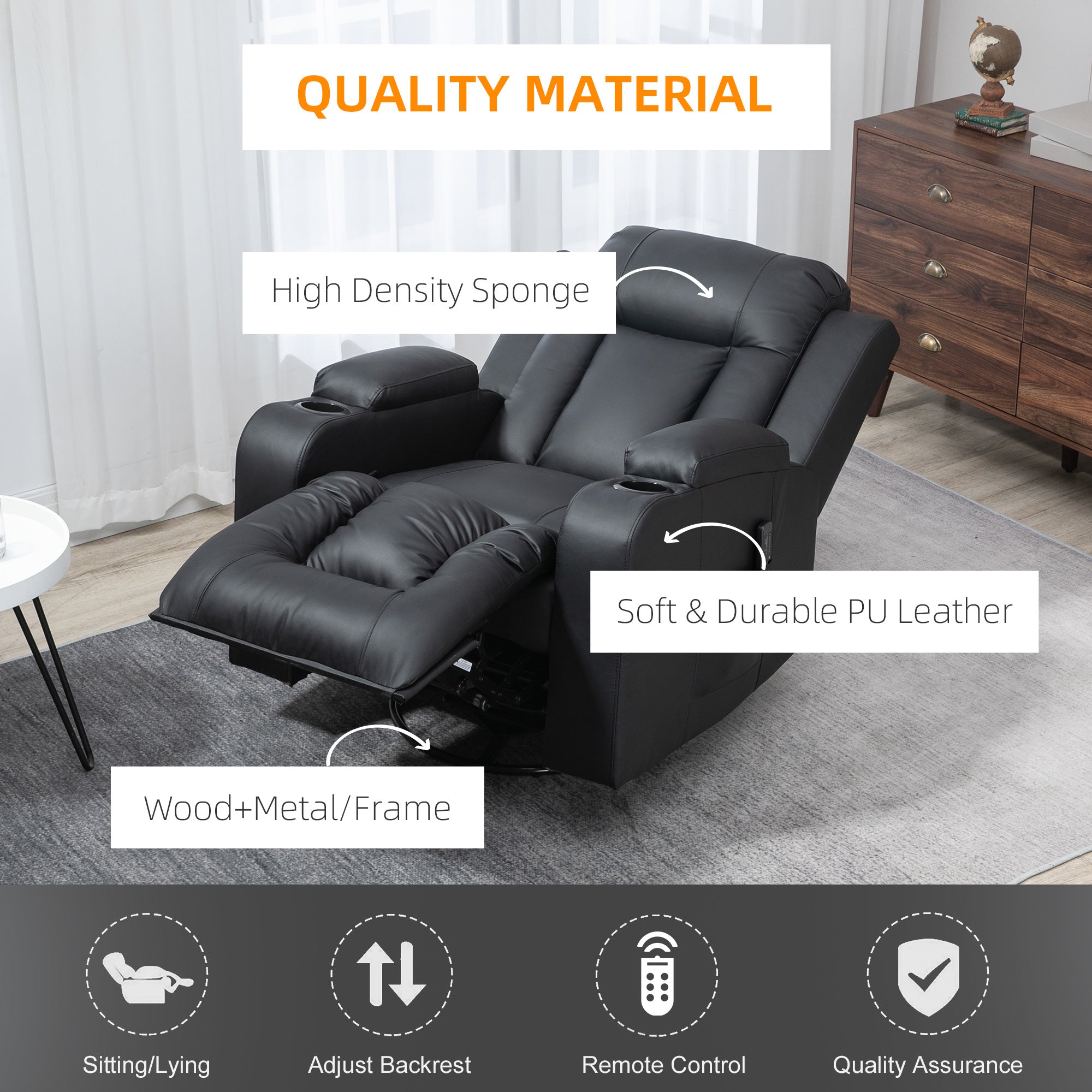 Massage Recliner Chair for Living Room with 8 Vibration Points, PU Leather Reclining Chair with Cup Holders, Swivel Base, Rocking Function, Black Single Sofas   at Gallery Canada